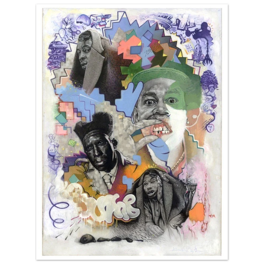 Tyler the Creator artwork in graphite. pen, ink, gouache, colour pencil and biro. Vibrant and colourful fine art full of energy. Available as print, poster or framed