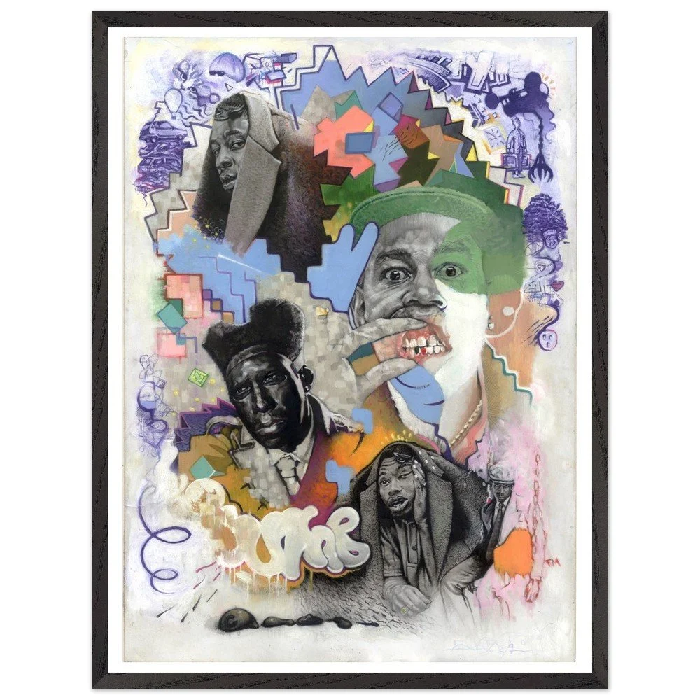 Tyler the Creator artwork in graphite. pen, ink, gouache, colour pencil and biro. Vibrant and colourful fine art full of energy. Framed poster