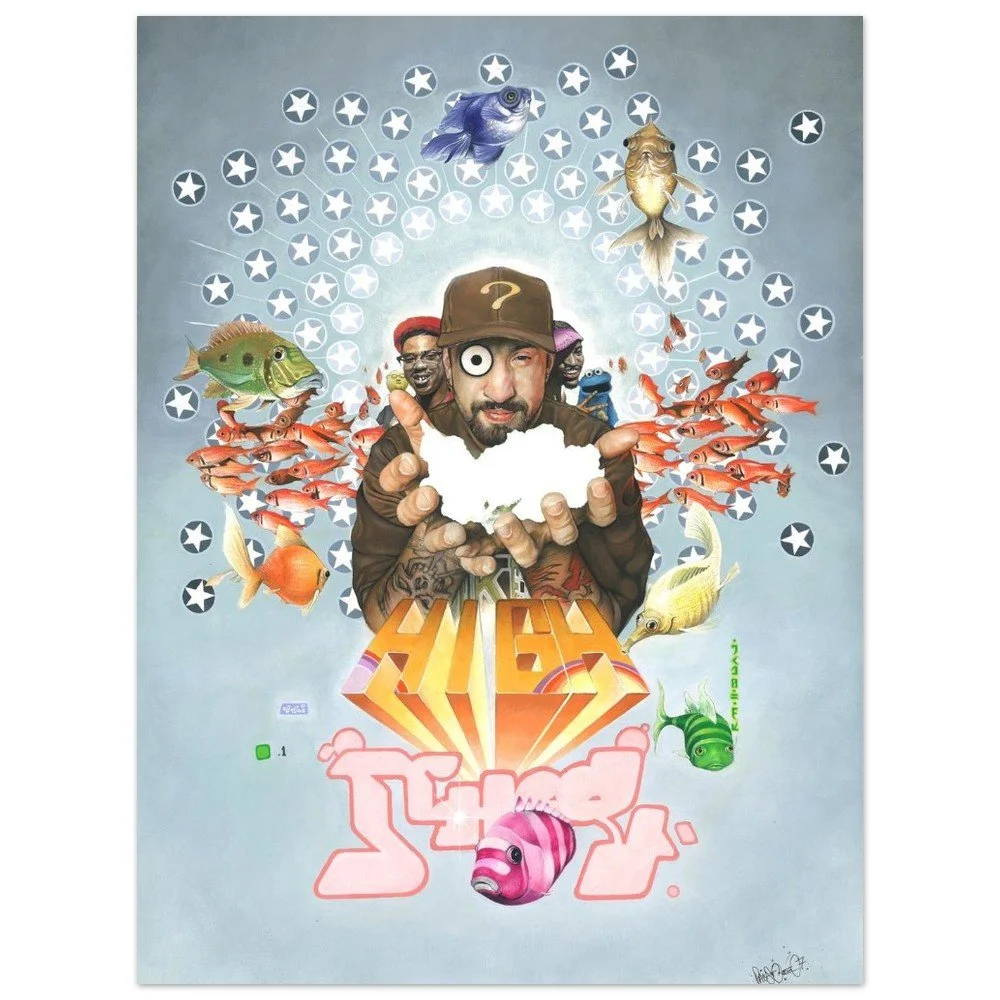 High School artwork features artists Slick Rick, B Real, and Andre 3000. Surrounded by colourful fish, and a display of stars creating a uplifting effect. Available as print, poster or framed