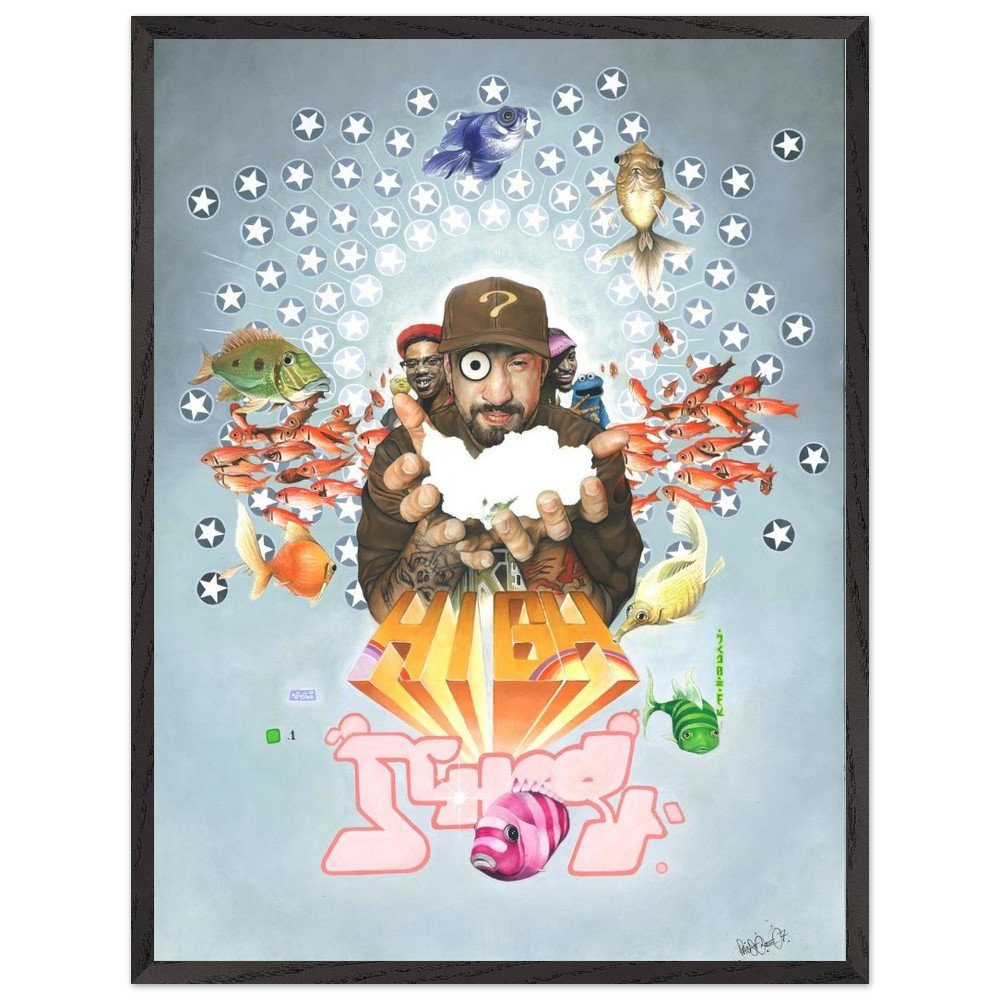 High School artwork features artists Slick Rick, B Real, and Andre 3000. Surrounded by colourful fish, and a display of stars creating a uplifting effect. Available as print, poster or framed