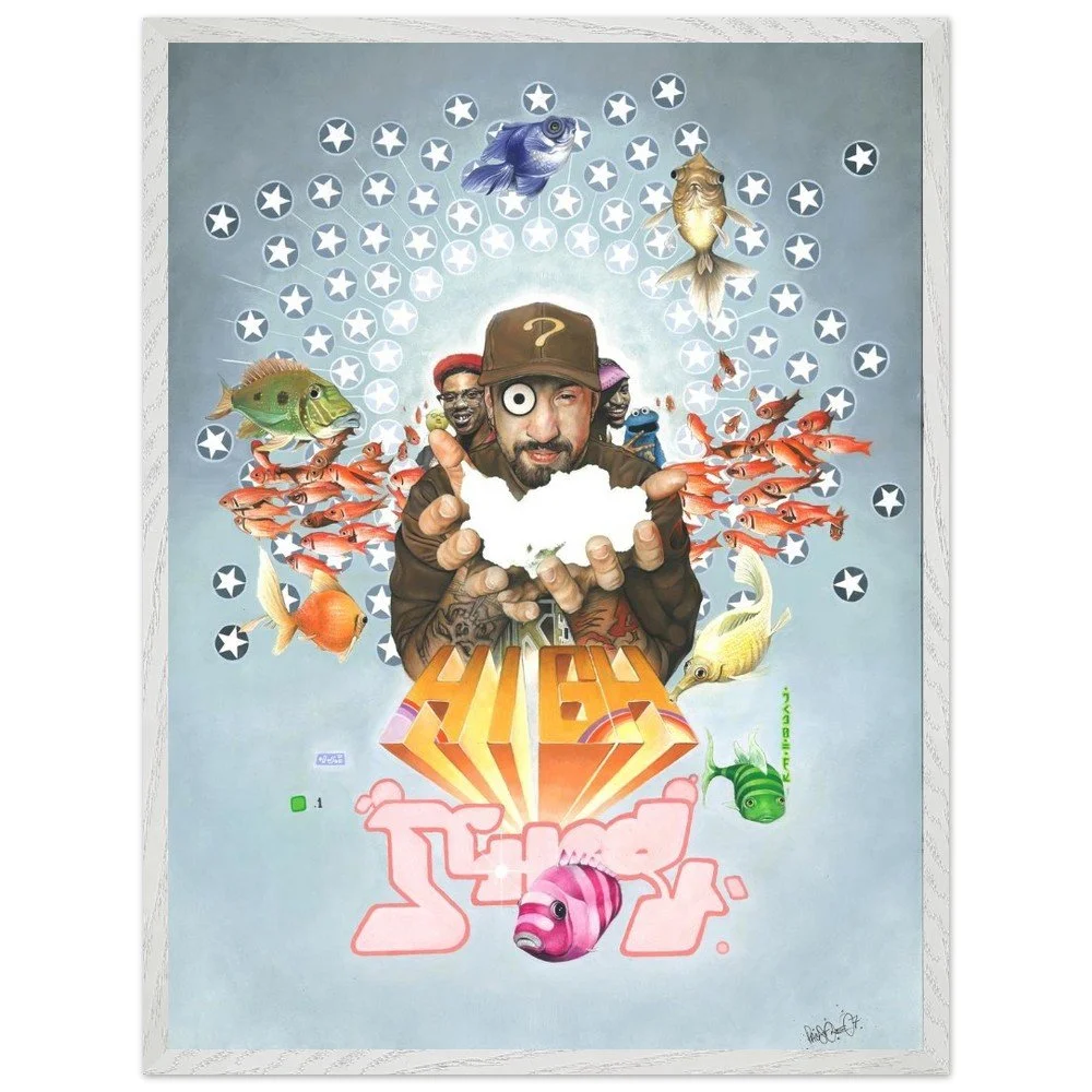 High School artwork features artists Slick Rick, B Real, and Andre 3000. Surrounded by colourful fish, and a display of stars creating a uplifting effect. Available as print, poster or framed