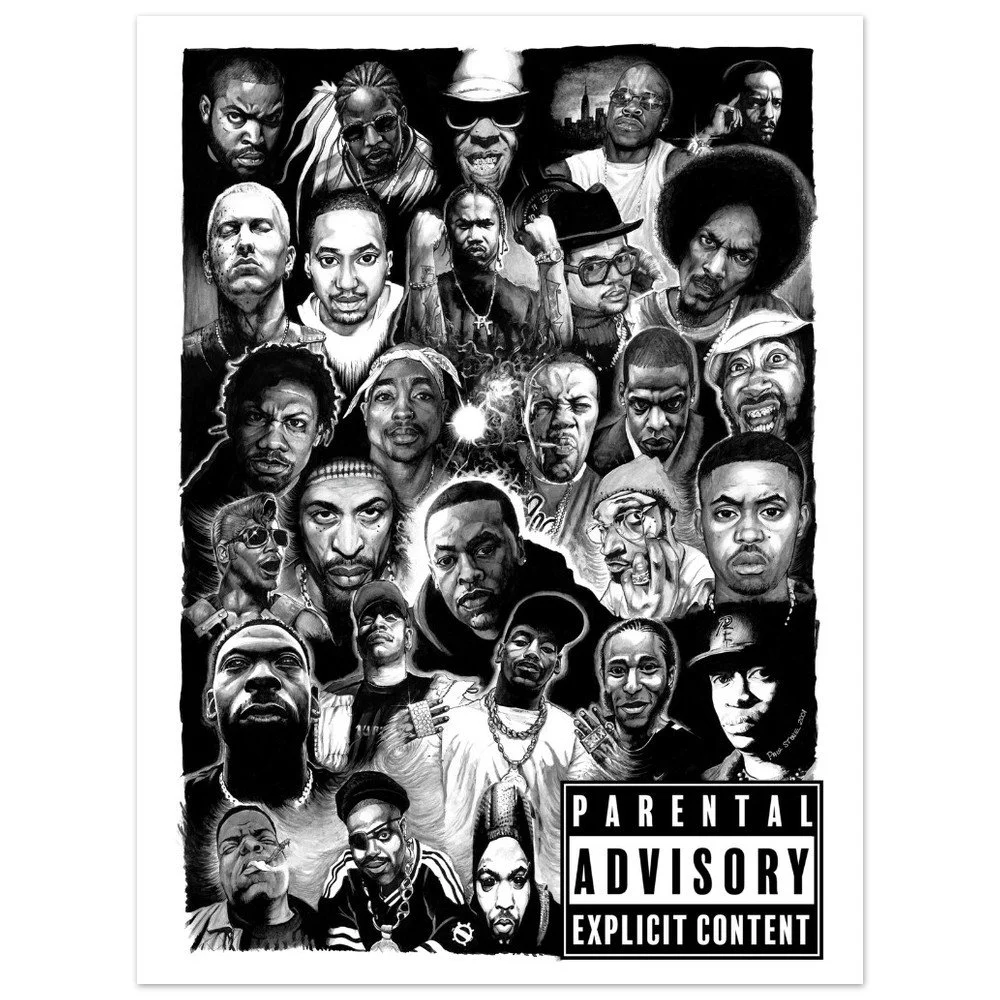 Pen and Ink detailed composition of artists titled Rap Gods. Available as print, poster or framed