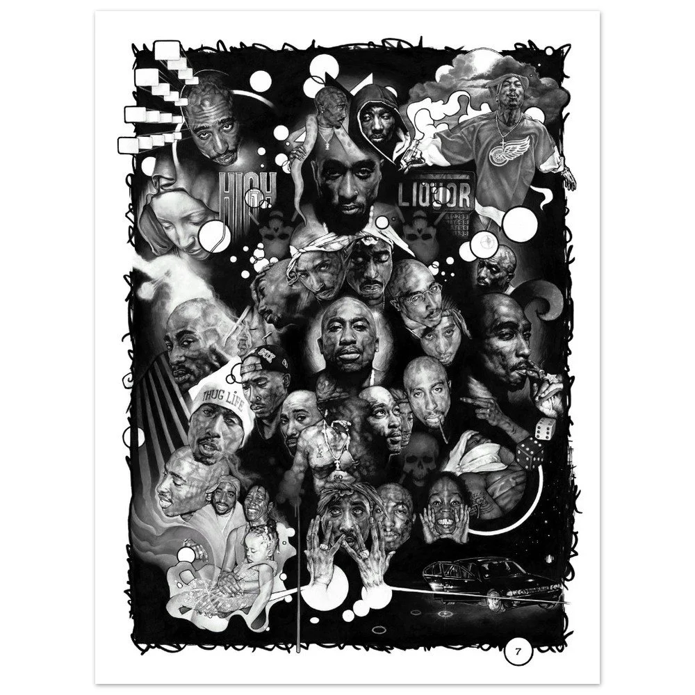 Pen and ink highly detailed composition of Tupac, displaying a wide and varied range expressions