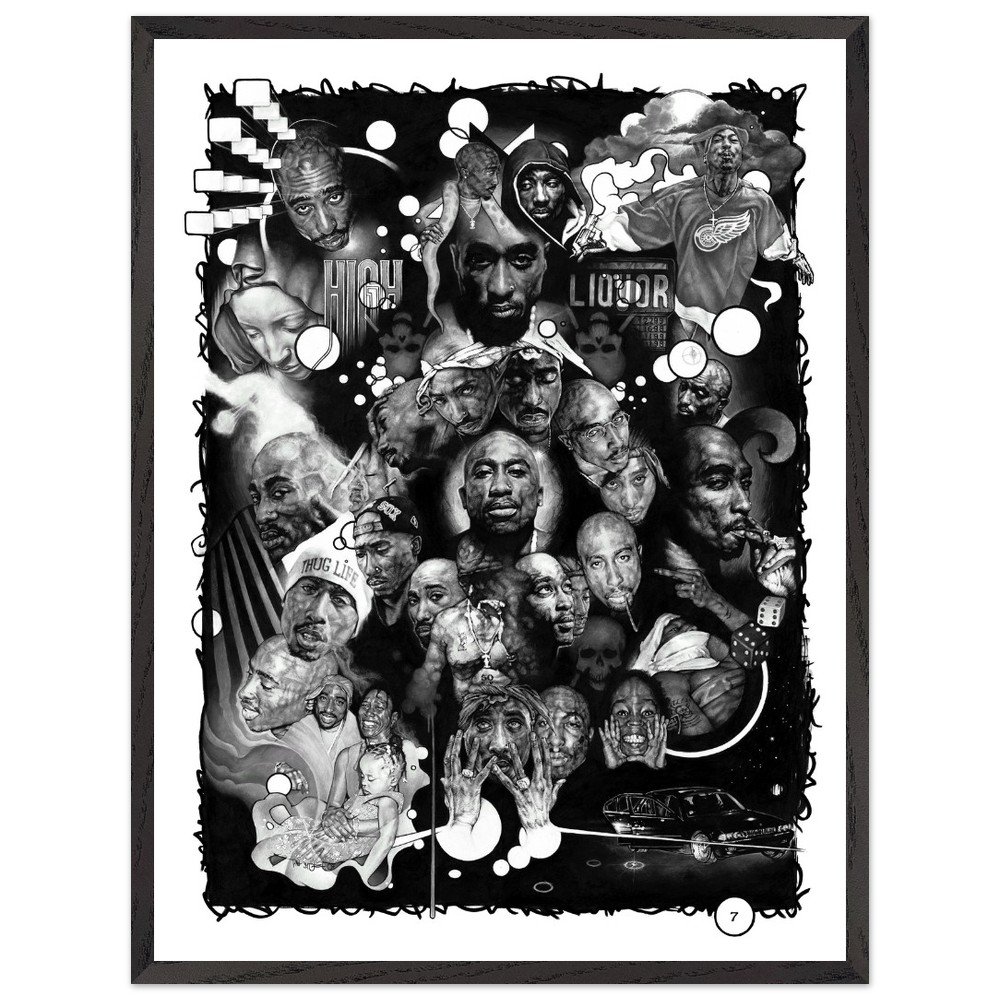 Pen and ink highly detailed composition of Tupac, displaying a wide and varied range expressions.