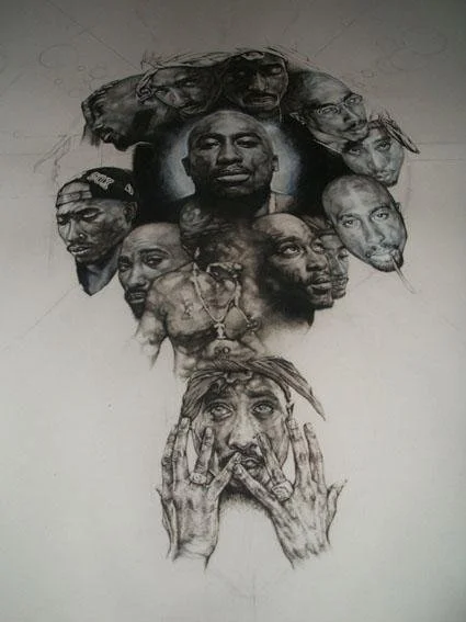 A detailed pen and ink drawing featuring multiple portraits of Tupac Shakur. The overall composition emphasizes expressions and emotions.