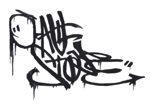 Abstract black graffiti text on a white background.