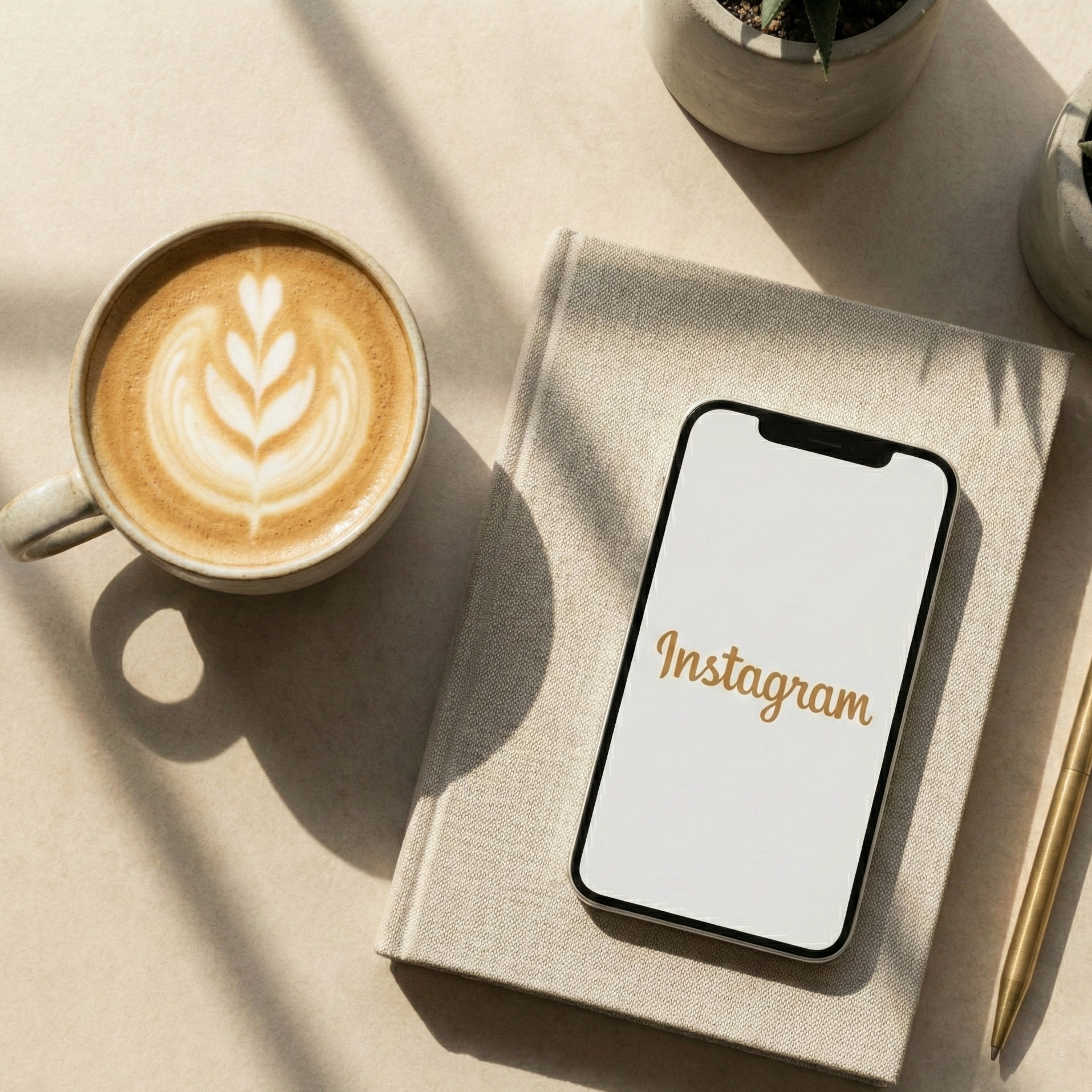 A flat lay of a beige table featuring a cup of coffee with latte art, a closed book or notebook, a smartphone displaying the Instagram logo, a potted plant, and a gold pen. Shadow patterns are cast across the scene.