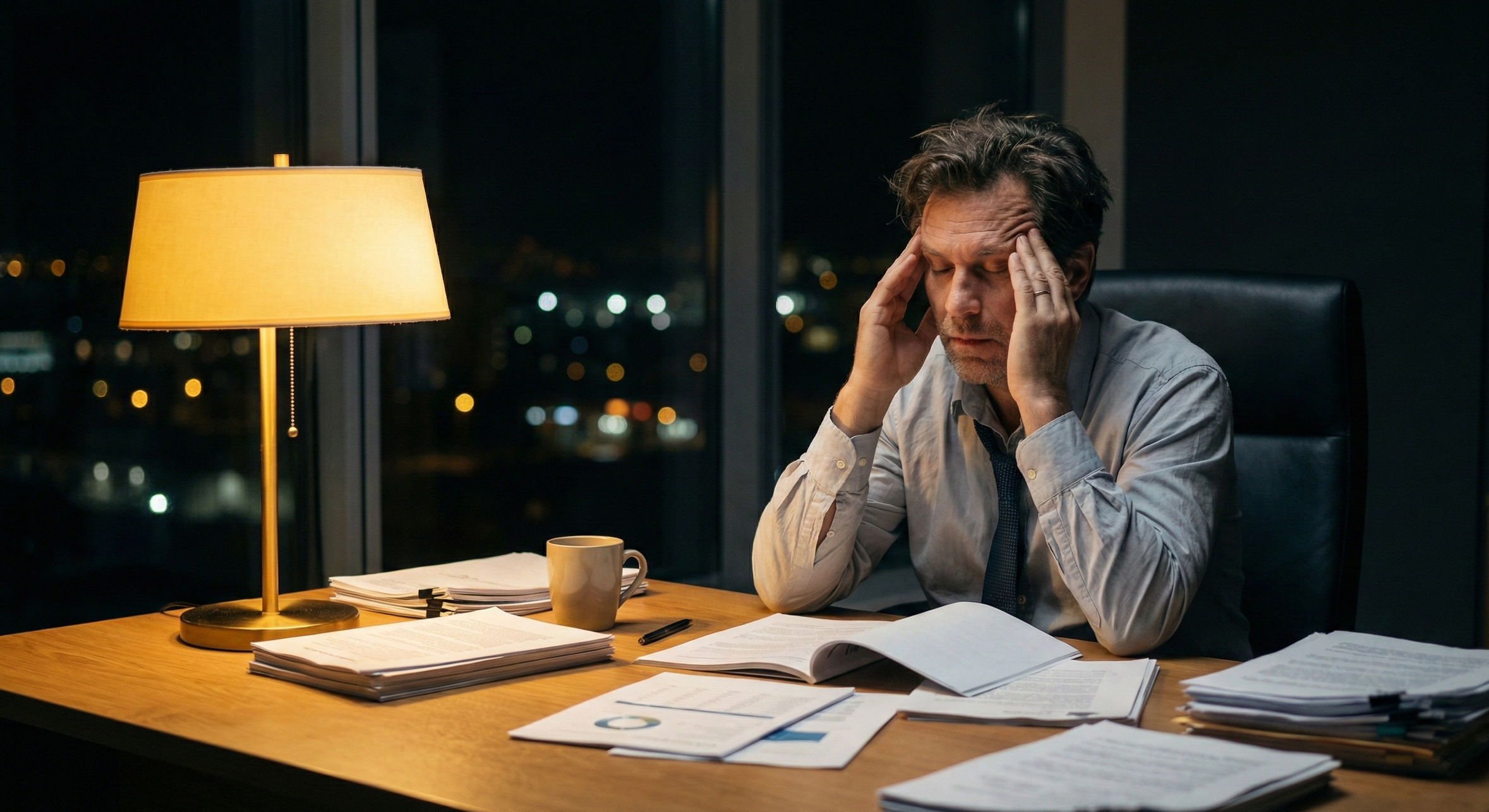 A stressed man sitting at a cluttered office desk during nighttime, holding his head with both hands, with a lamp, a mug, and numerous documents on the desk.