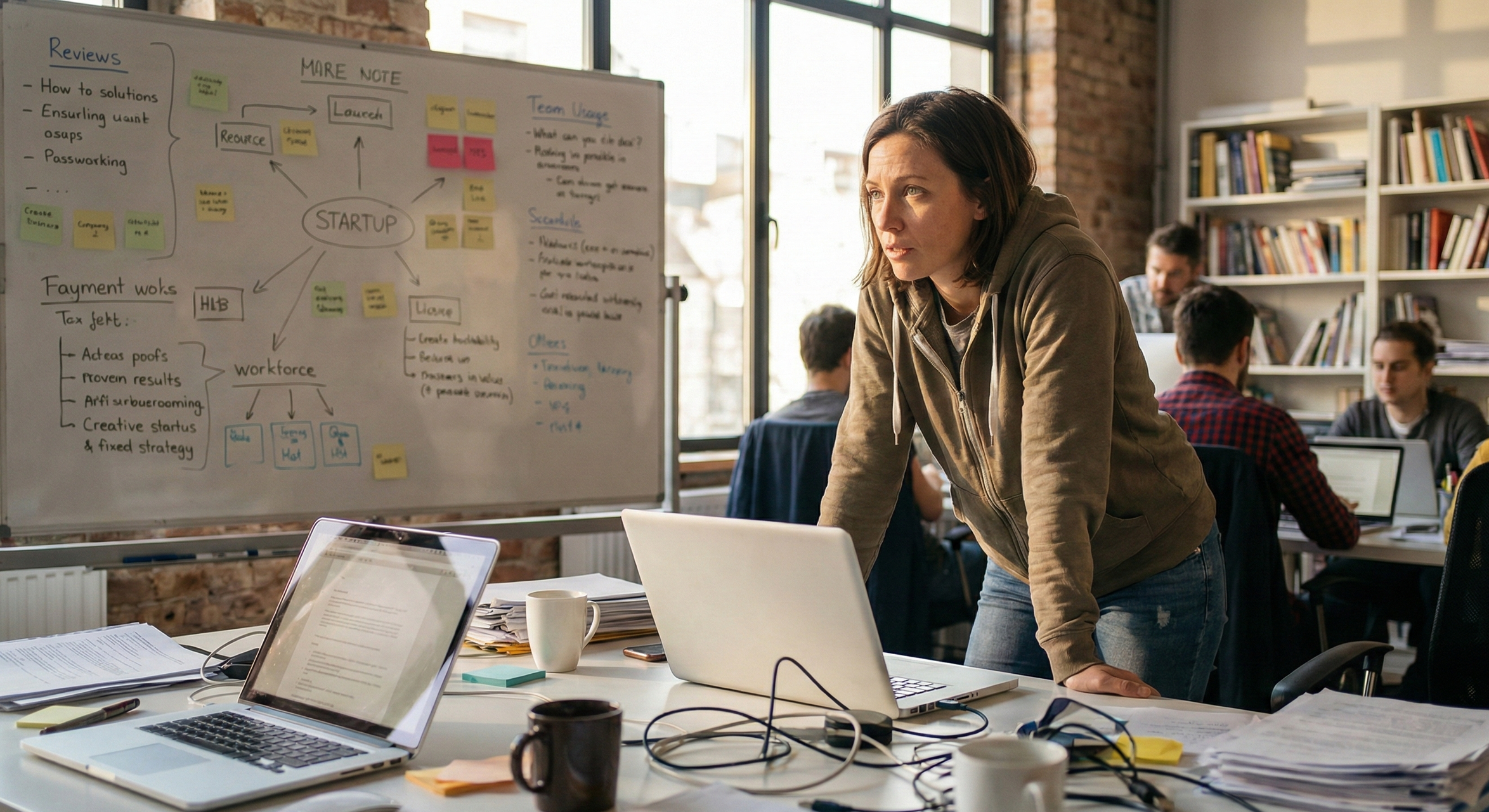 A woman in a brown hoodie looks focused as she leans over a desk with laptops, coffee mugs, and papers in a busy office. A whiteboard with notes and diagrams is visible in the background.