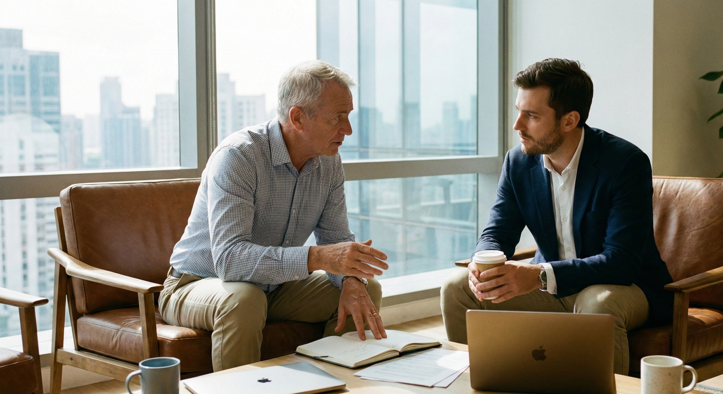 Two men sit across from each other in an office, engaged in conversation. One holds a coffee cup, and an open notebook and laptop are on the table.