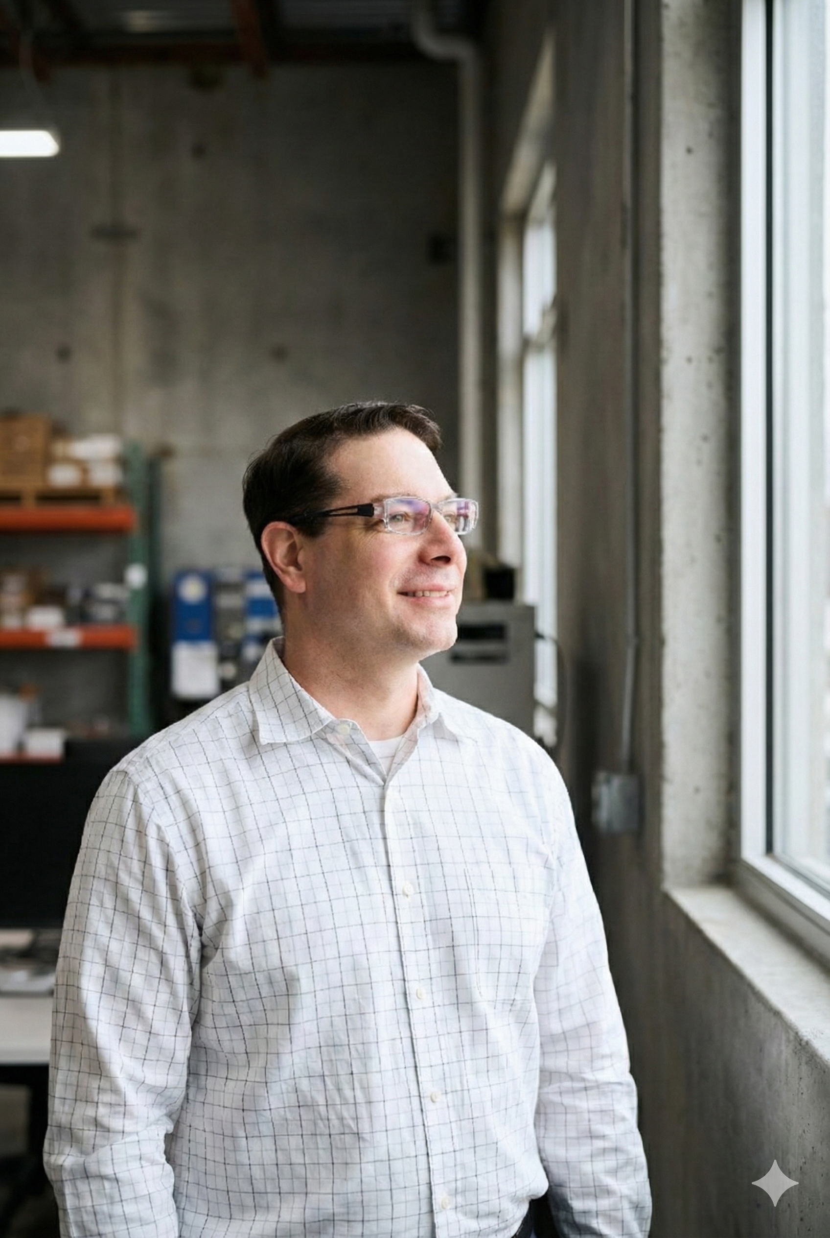 Man with glasses in a white checkered shirt looking out of a large window in a modern industrial office