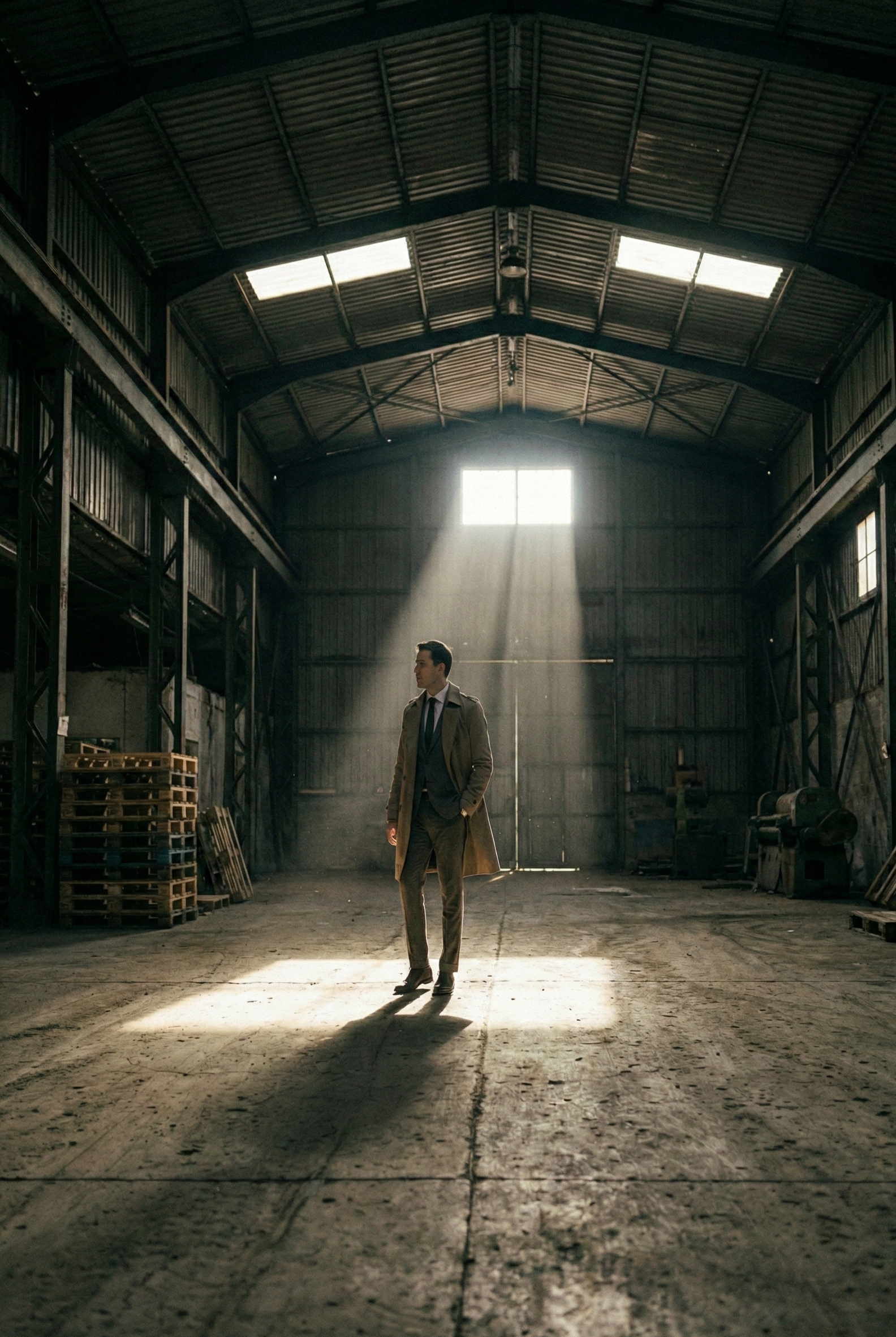 A man in a suit and trench coat standing alone in an empty warehouse with sunlight streaming through a window.