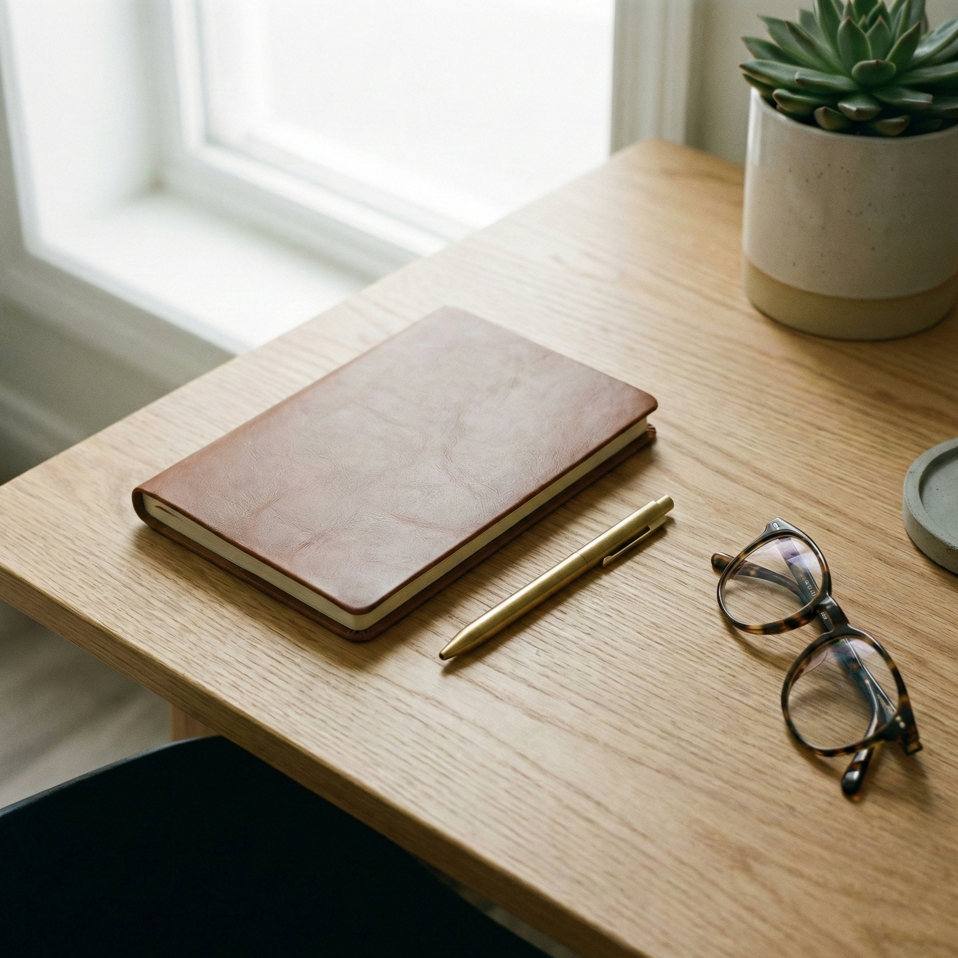 A wooden desk near a window with a closed brown leather-bound notebook, a gold pen, a pair of tortoiseshell eyeglasses, a potted succulent, and a small gray dish.