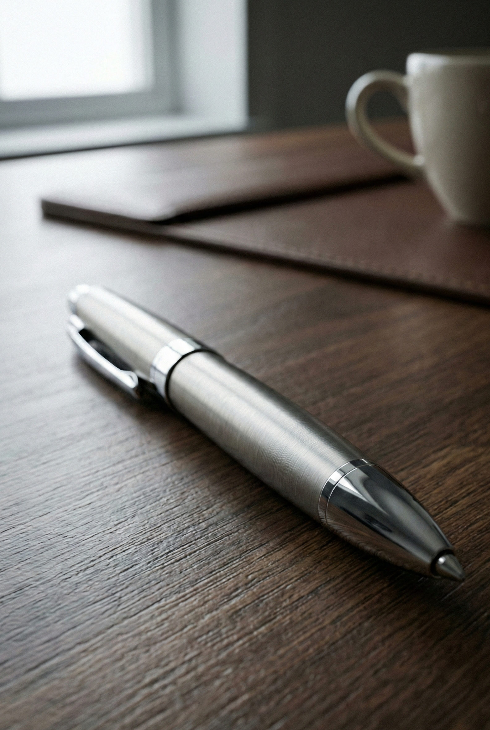 A silver pen on a wooden desk near notebooks and a coffee mug.