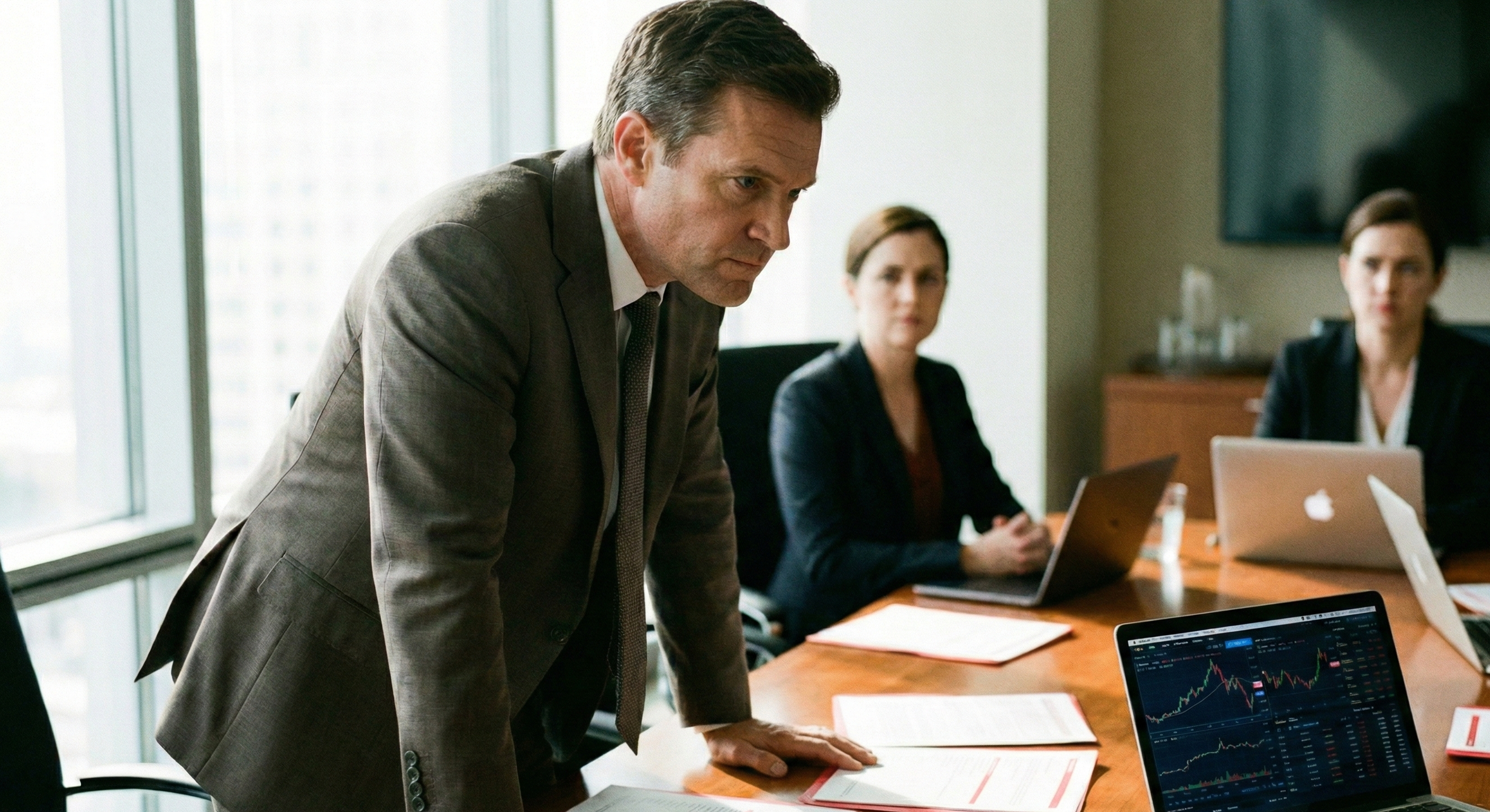 A man in a suit leaning on a conference table, with two women sitting behind him in a meeting room with laptops and documents.