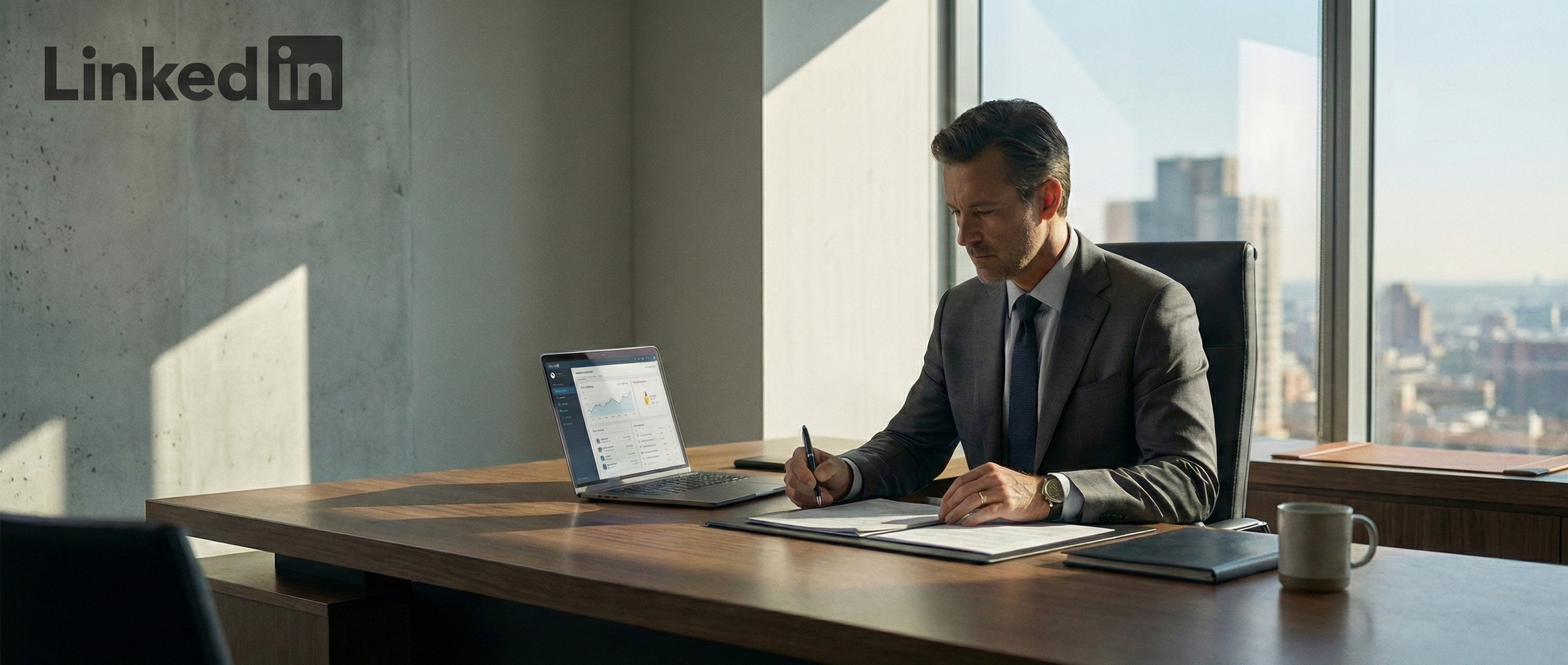 A man in a gray suit sitting at a wooden desk in an office, writing in a notepad with a laptop displaying a financial graph, a closed book, and a coffee mug nearby, with large windows showing city buildings outside.