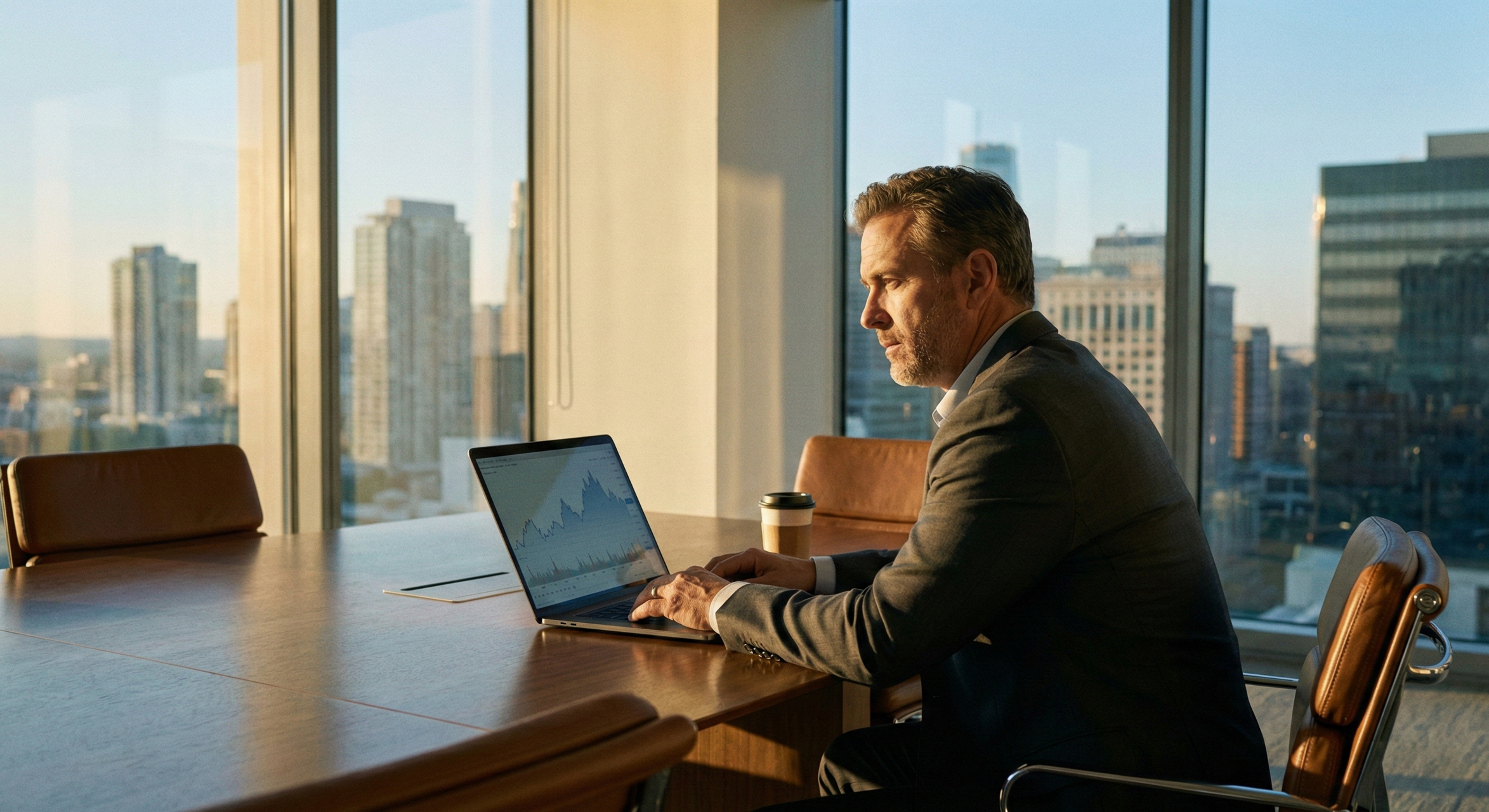 A man in a gray suit working on a laptop in a modern office with large windows showing a city skyline during sunset. There is a paper cup on the table.