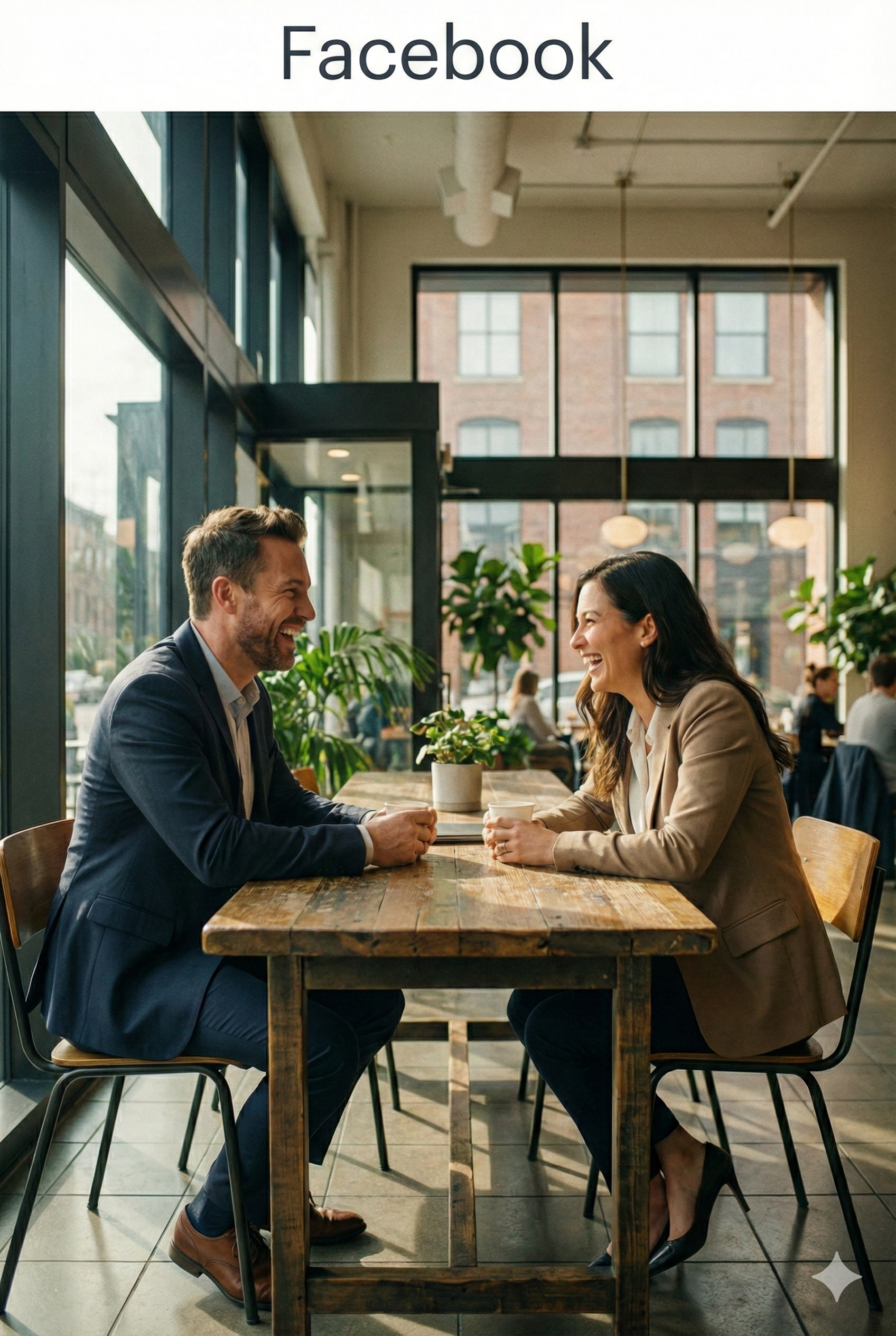 A man and woman are laughing and talking at a wooden table in a bright cafe with large windows and green plants.