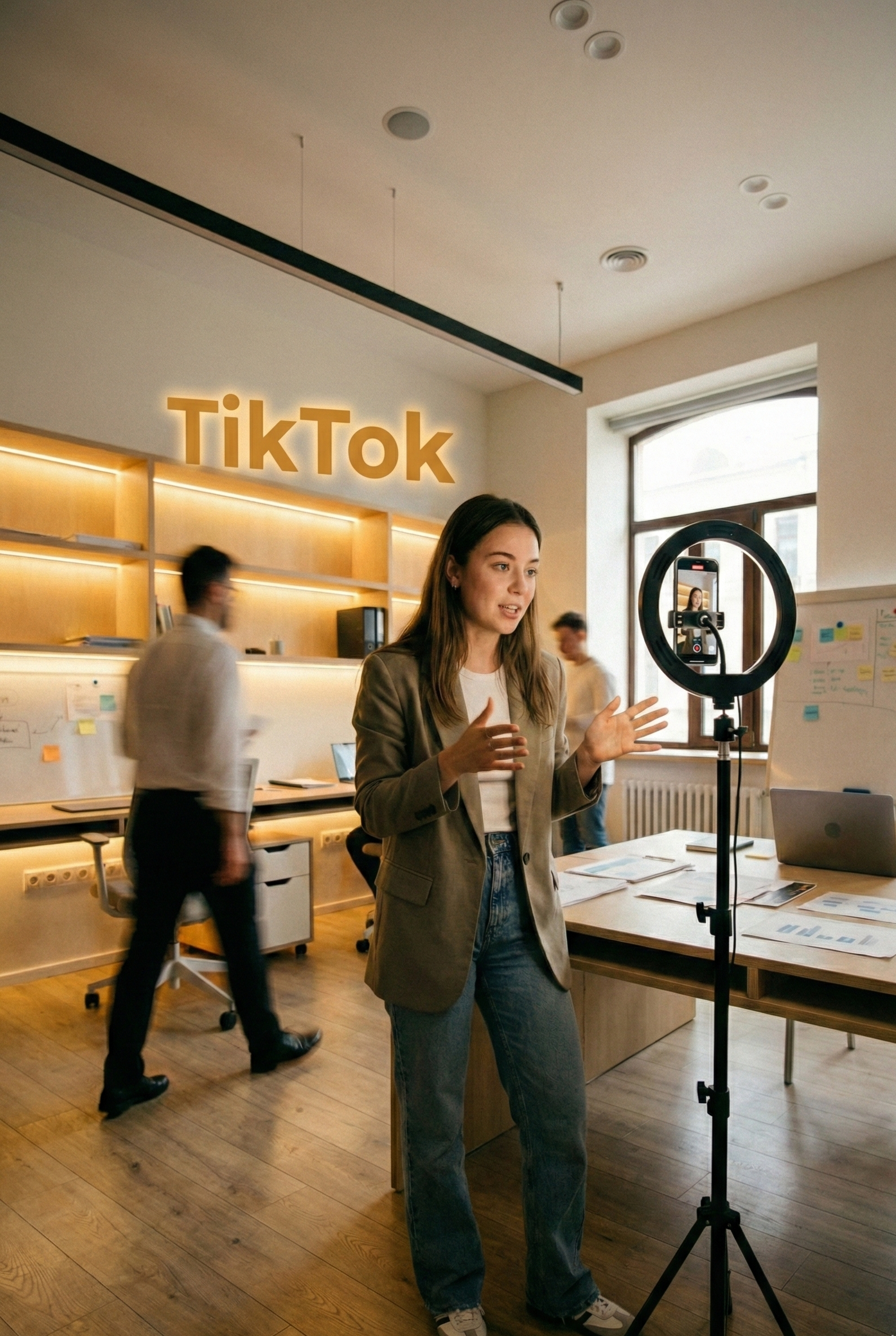 A woman recording a video with a ring light and smartphone in an office with a TikTok sign on the wall.