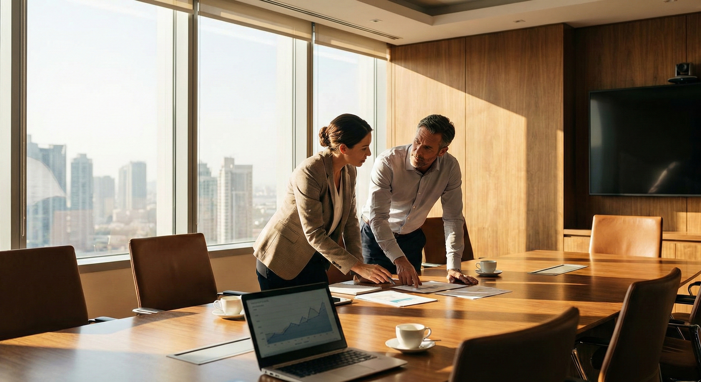 Two businesspeople, a woman and a man, are standing by a conference table, reviewing documents in a high-rise office with floor-to-ceiling windows showing a city skyline. The table has laptops, coffee cups, and tablets.