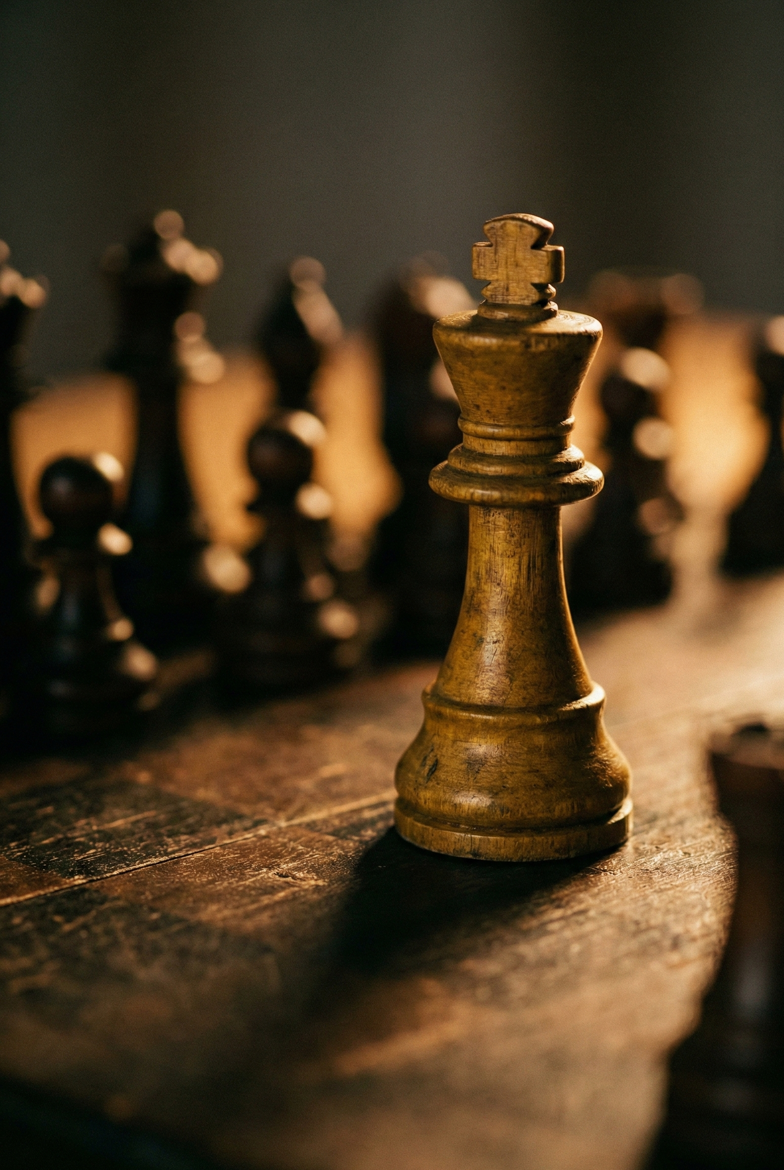 Close-up of a gold king chess piece on a wooden chessboard with blurred other chess pieces in the background.