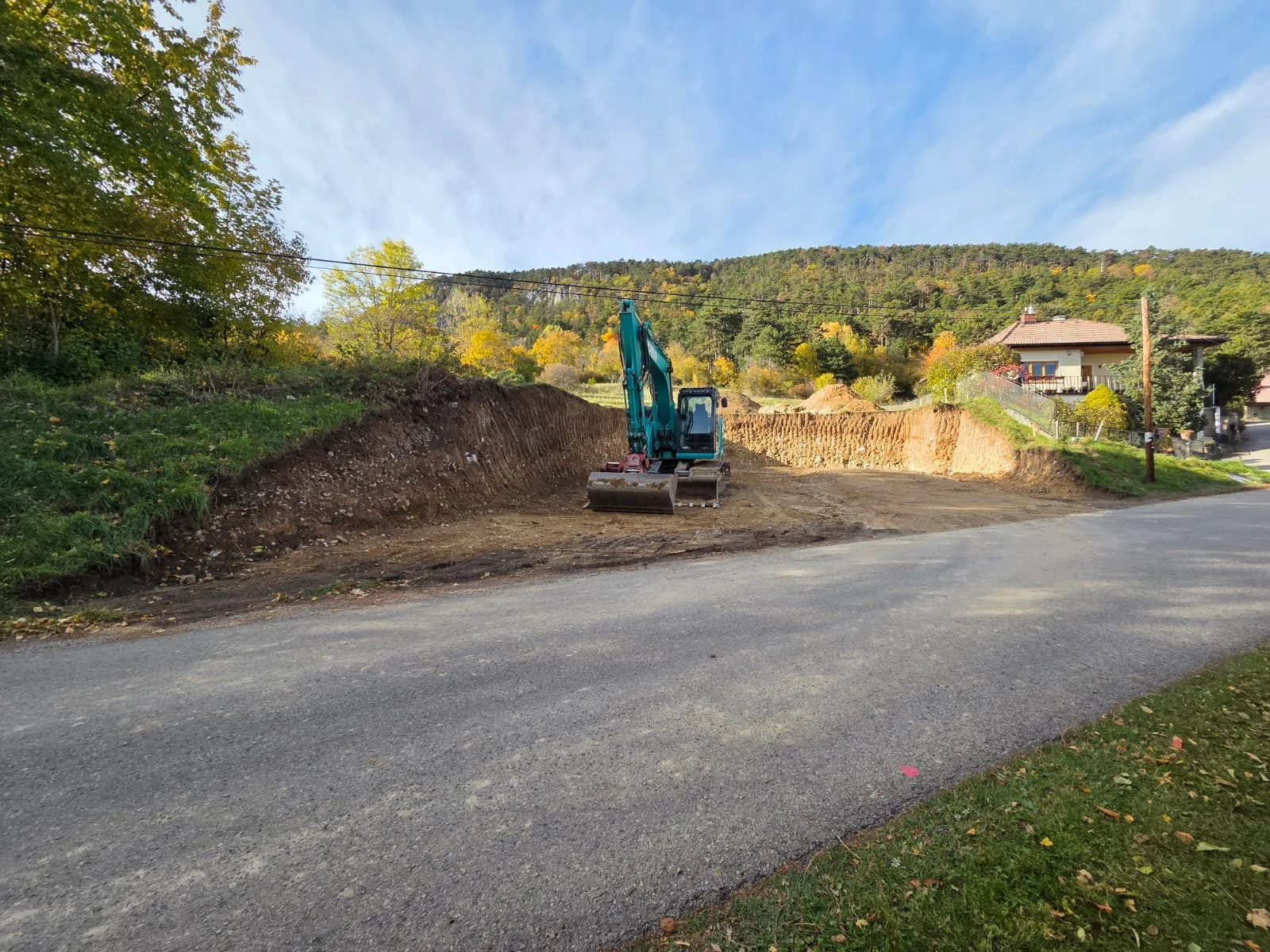 Ein Bagger im Baugebiet neben einer Straße, umgeben von Bäumen und Häusern bei sonnigem Himmel.
