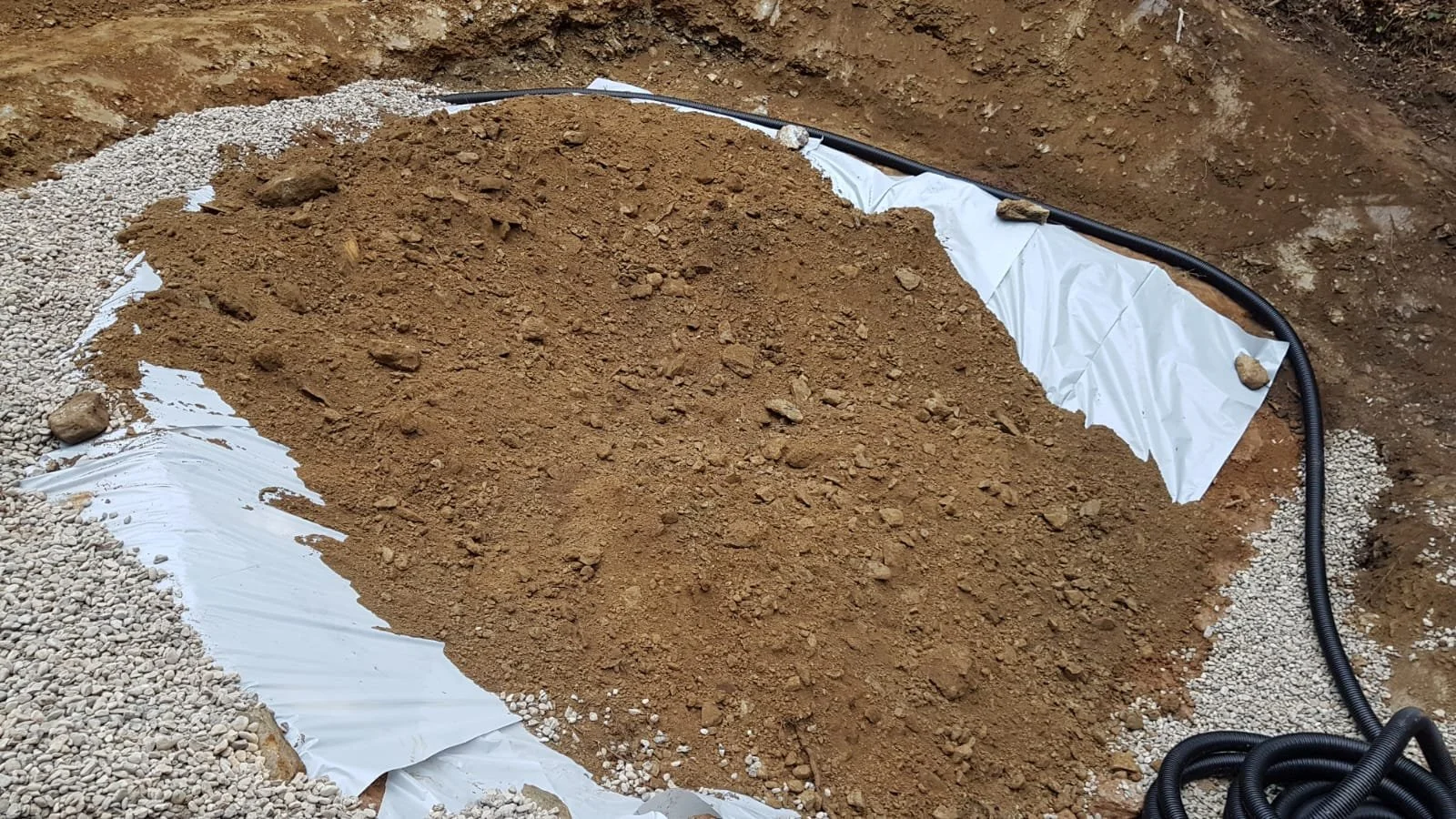 Sand und Steine auf einer Baufläche, umgeben von weißer Abdeckfolie und schwarzem Rohr.