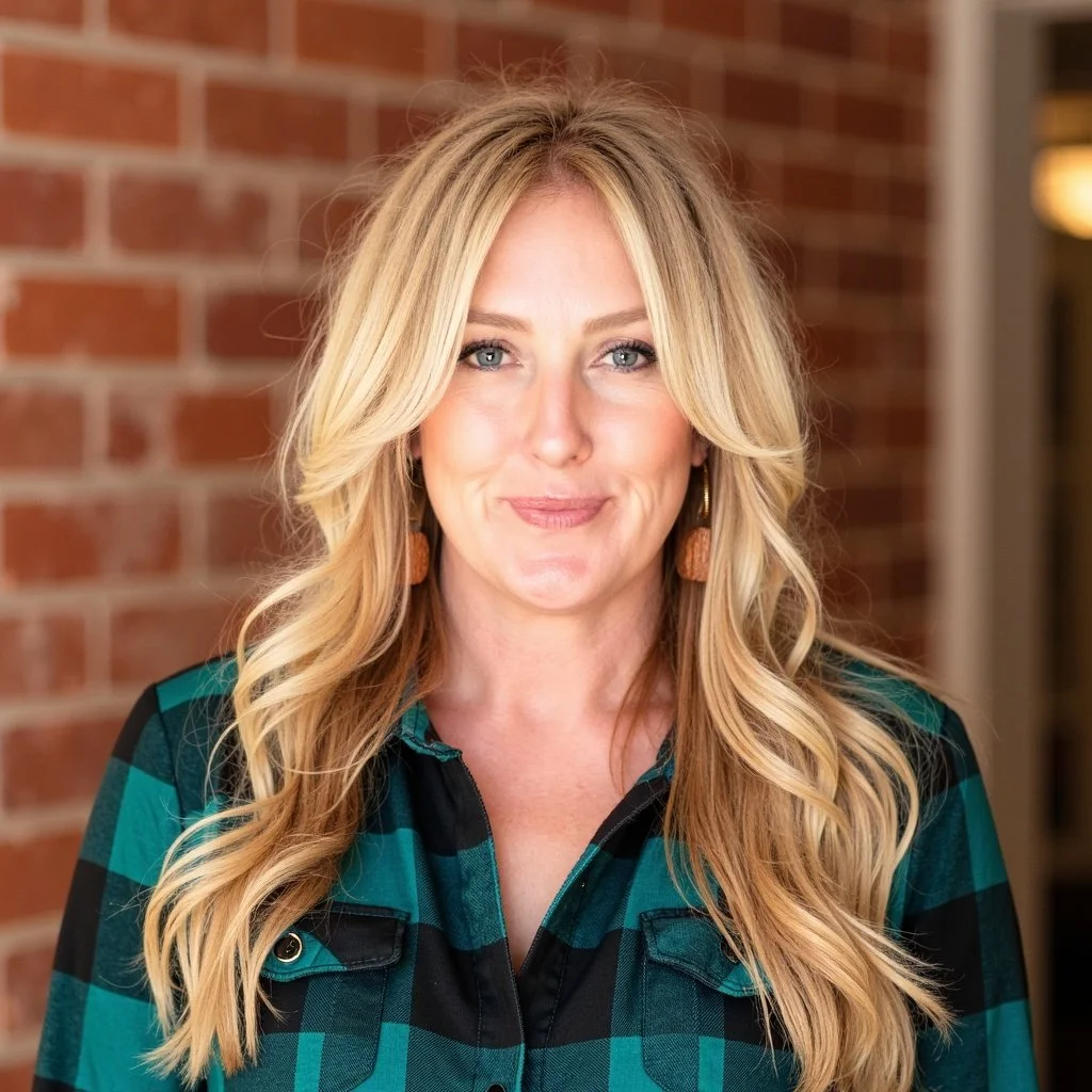 A blonde woman with wavy hair, wearing a black and teal plaid shirt and orange earrings, standing against a brick wall.