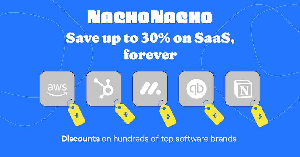 Blue promotional image with white text and five gray icons showing discounts on software brands like AWS, HubSpot, Slack, QuickBooks, and Notion, with yellow tags indicating sale.