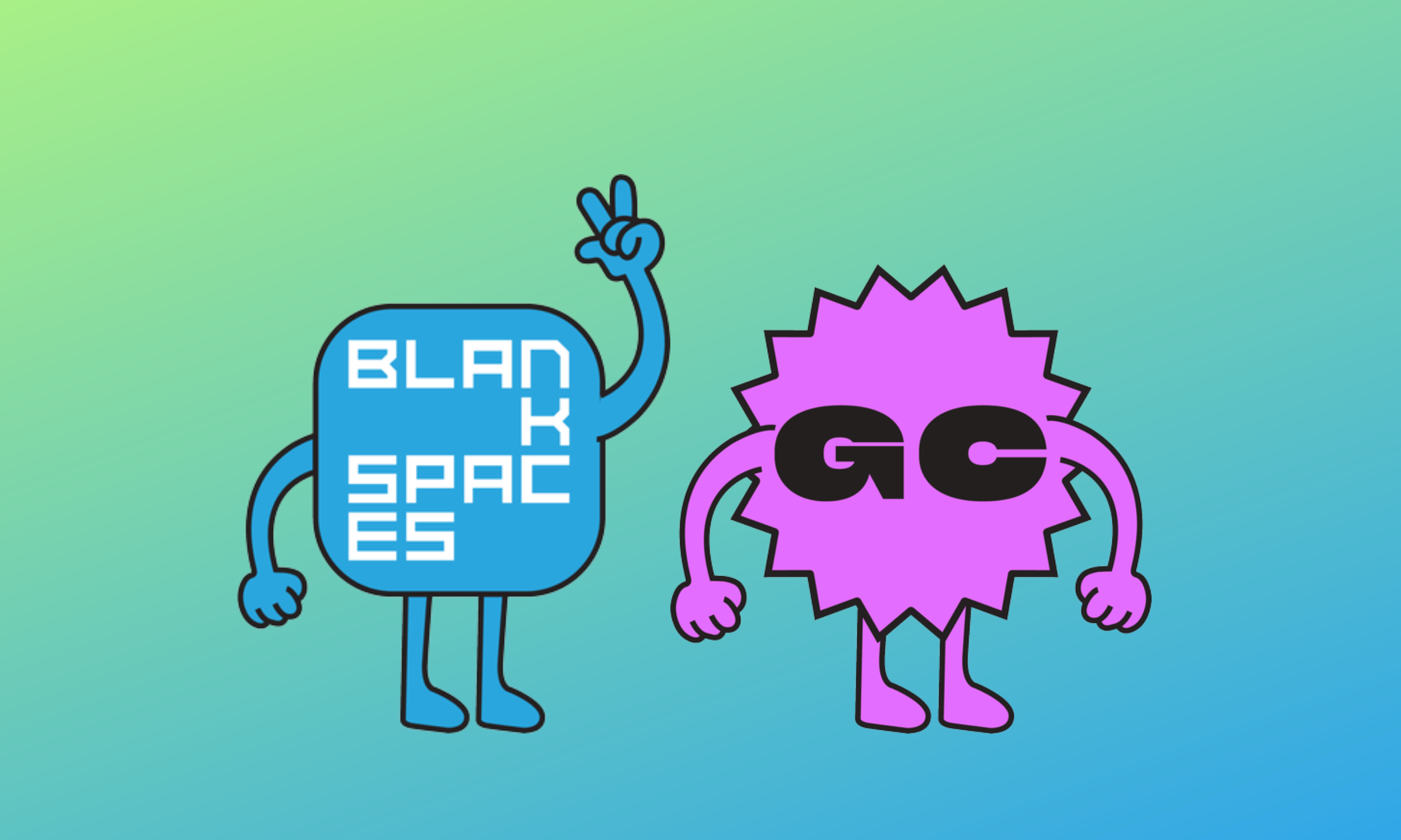 Cartoon characters representing bacteria with human-like arms and legs, one blue with the words 'BLANK SPACE' on its body and the other purple with the letters 'GC' on it, standing against a green and blue gradient background.