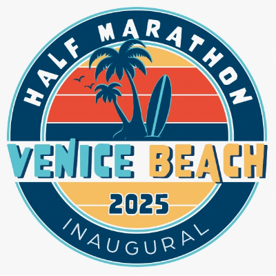 Logo for the Venice Beach Half Marathon 2025 Inaugural event featuring a sunset, palm trees, and surfboards.
