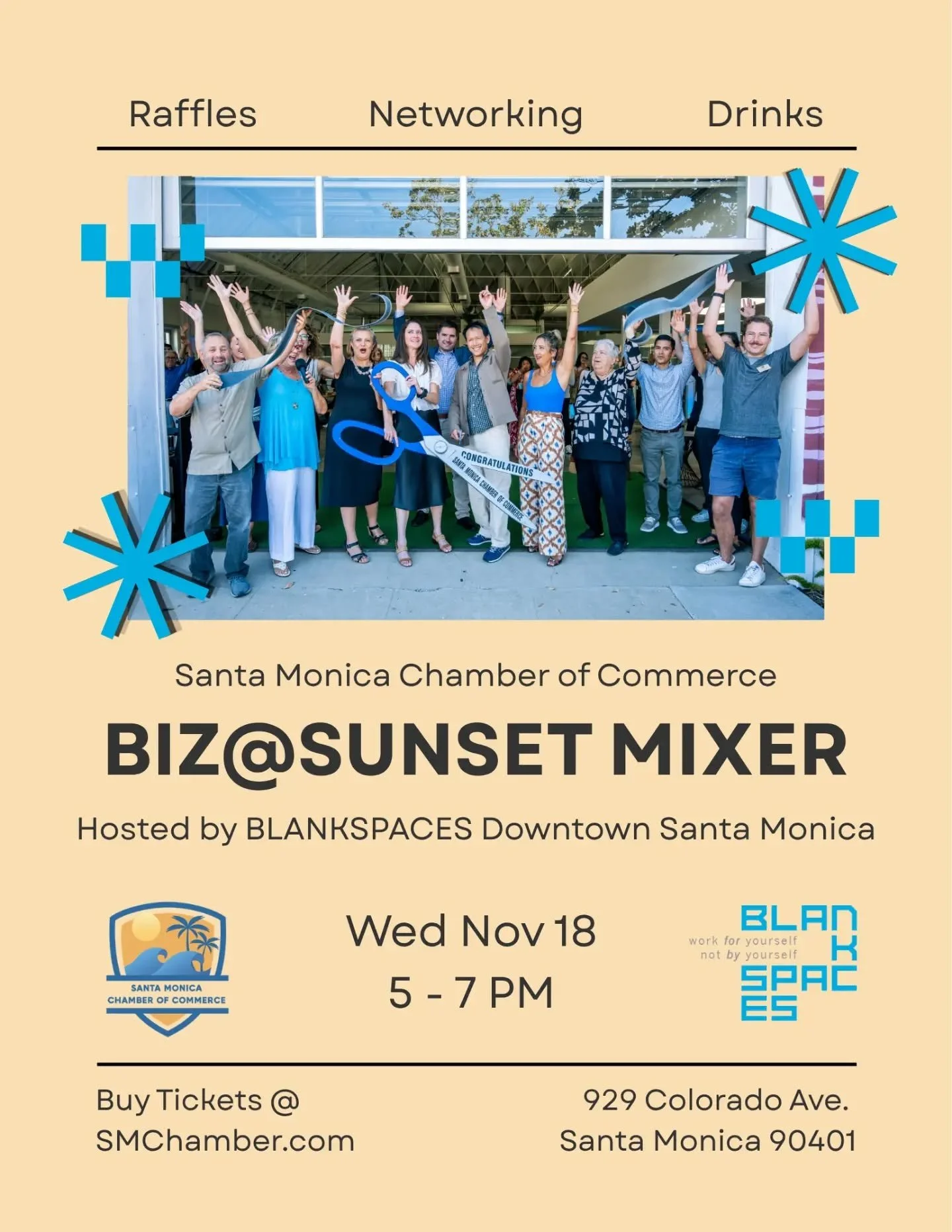 Cheers to networking and raffles! 🥂 Join the @smchamber for the November Biz@Sunset Mixer, hosted by @blankspaces_ Downtown Santa Monica. Get tickets at link in bio. 🌅