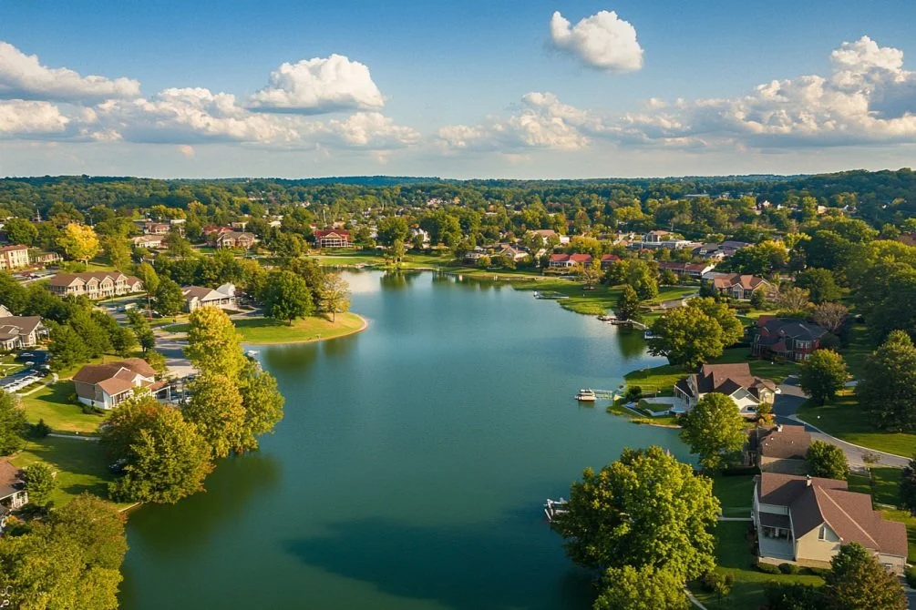 Aerial view of a lakeside residential neighborhood with houses, trees, and a calm lake under a partly cloudy sky