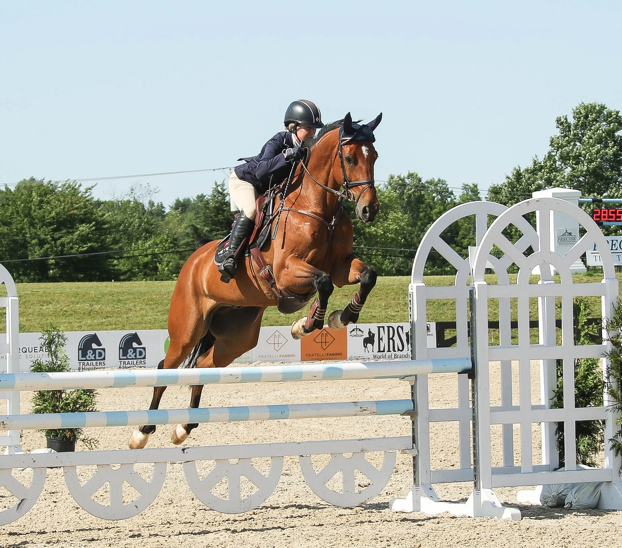 A rider wearing a helmet and riding attire jumping a brown horse over a show jumping obstacle in an outdoor equestrian arena.