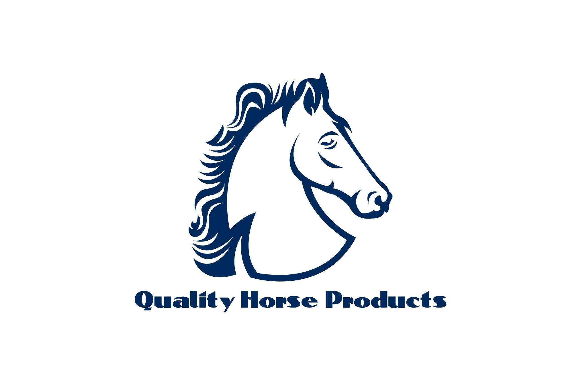 Blue horse head with the words quality horse products under it.