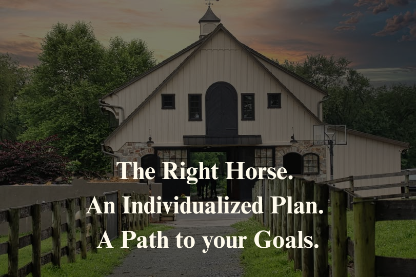 A rustic barn with trees around, a sunset sky in the background, and a gravel path leading to its entrance, overlaid with text about personalized plans and goal setting.