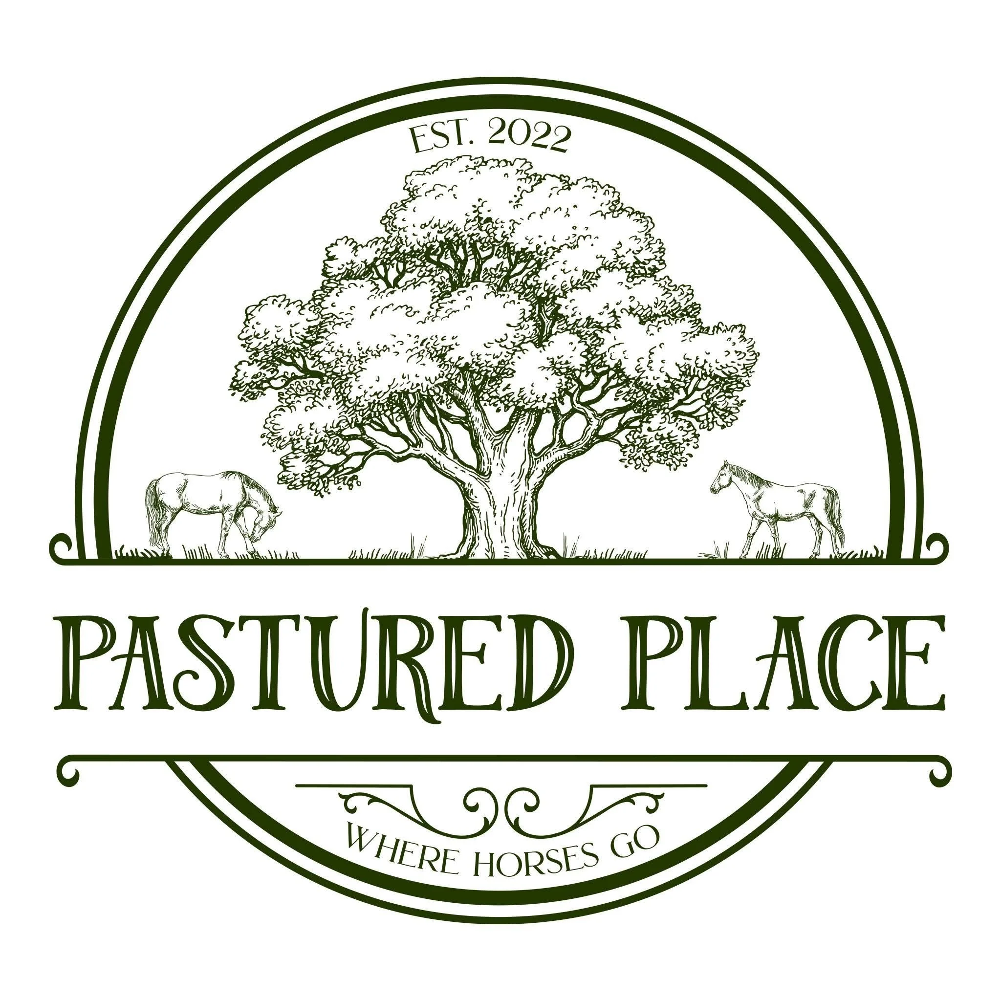 Logo featuring a large tree with horses grazing underneath, text reading "Pastured Place" and "Where Horses Go," established 2022.