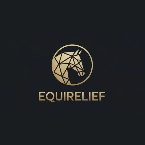 A gold geometric unicorn head logo inside a circle with the text 'EQUIRELIEF' below it, on a black background.