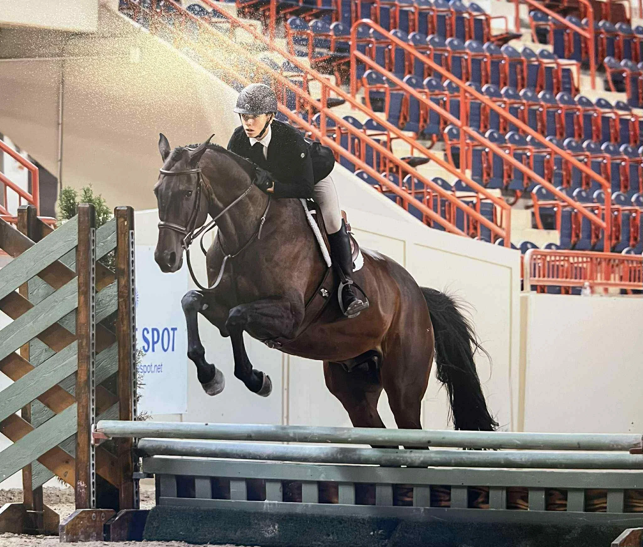 A woman in equestrian attire riding a brown horse over an obstacle in an indoor riding arena with red and blue seating in the background.