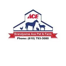 Logo for Brandywine Ace Pet & Farm featuring an ACE Hardware house icon with a dog and a cat, and contact phone number.
