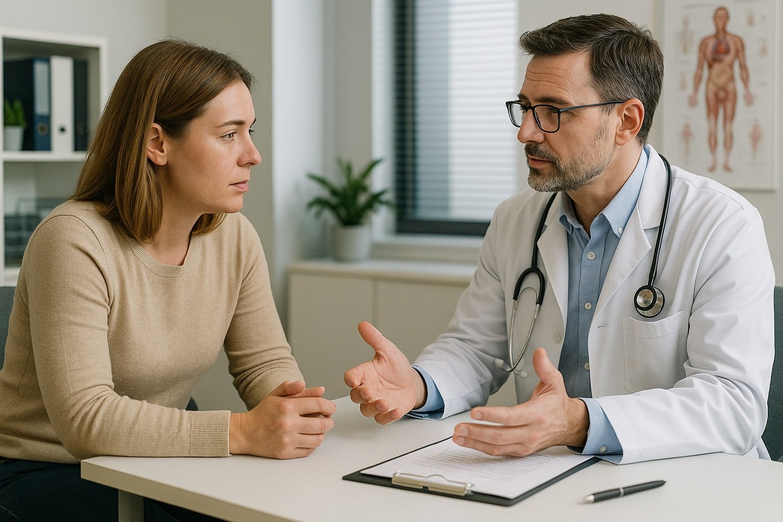 A female patient and a male doctor having a conversation in a medical office.