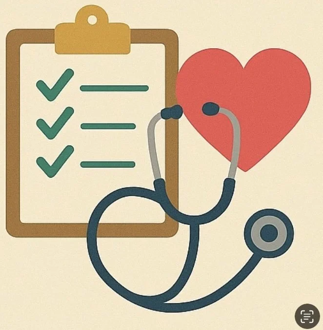 A clipboard with a checklist, a stethoscope, and a red heart symbol, representing healthcare or medical checkup.