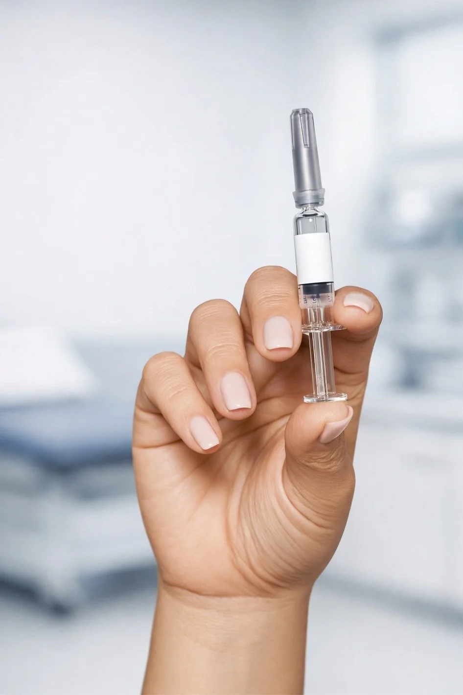 Close-up of a hand holding a medical syringe with a small vial attached, in a clinical setting.