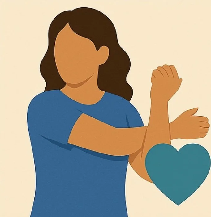 Illustration of a woman flexing her arm with a heart symbol nearby, symbolizing strength and love.