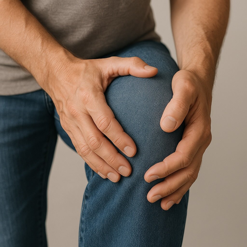 Person holding their knee, indicating knee pain or injury.