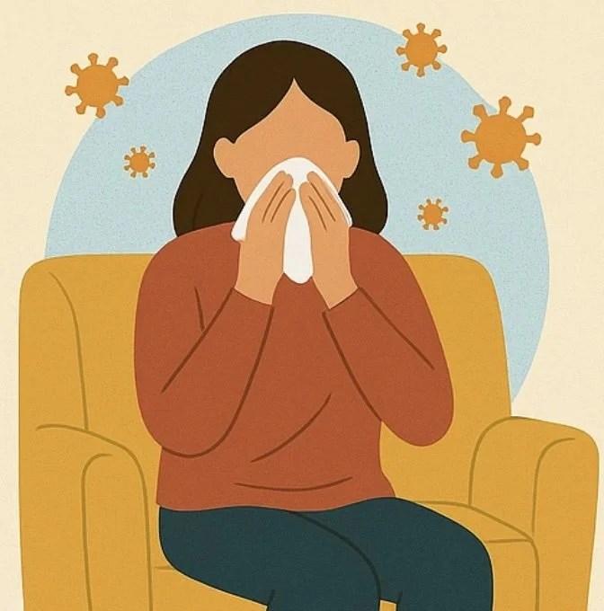 Illustration of a woman sitting on a yellow couch, sneezing or blowing her nose into a tissue, with virus particles depicted in the background.
