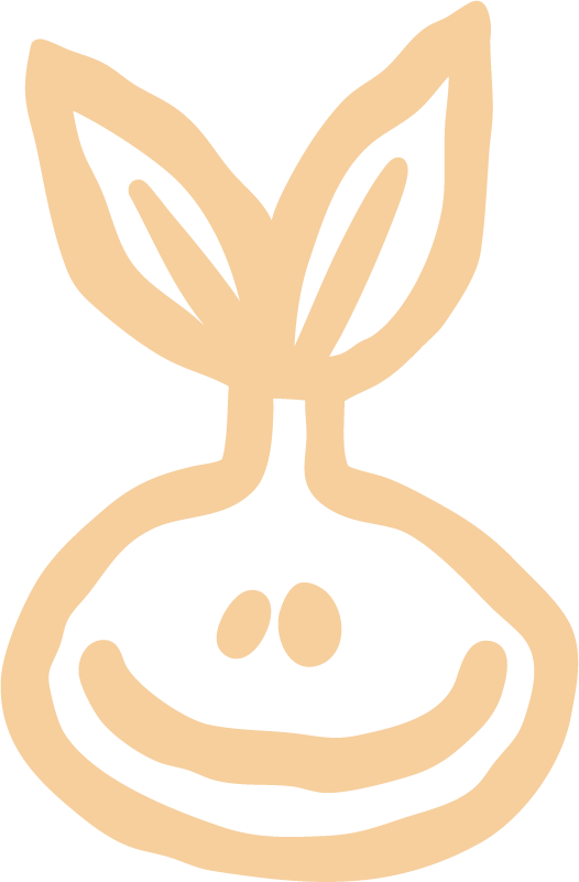 A stylized, minimalist drawing of a smiling mustard seed with a leaf on top.