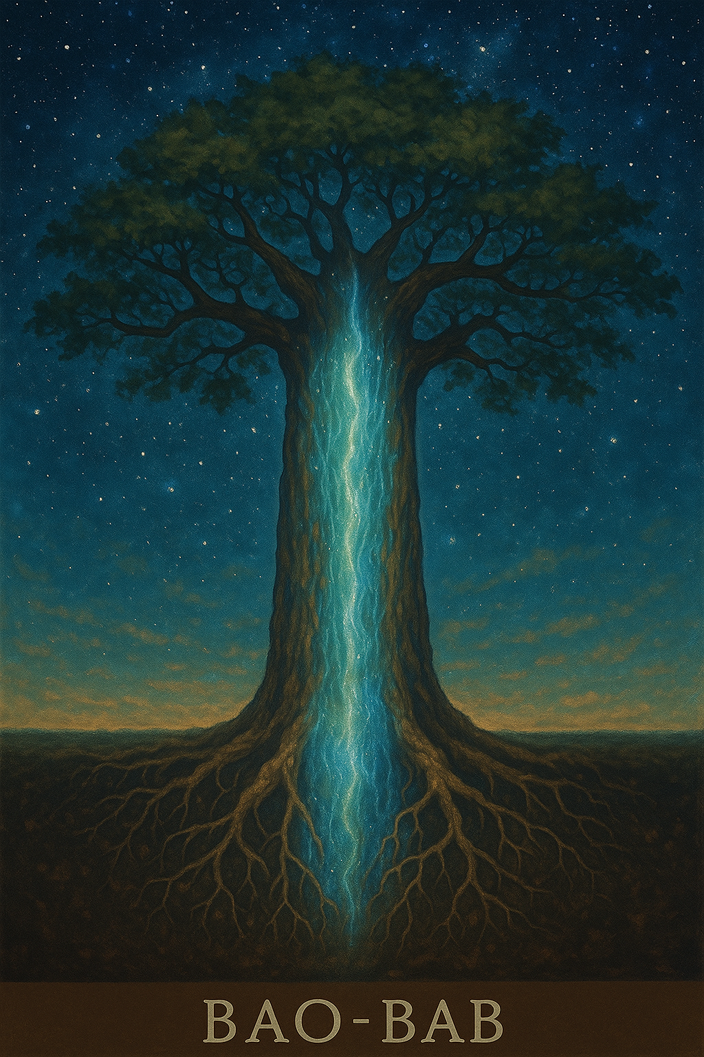 A painting of a large tree with a glowing light flowing down its trunk into the roots, set against a starry night sky. The tree appears mystical or spiritual in nature.