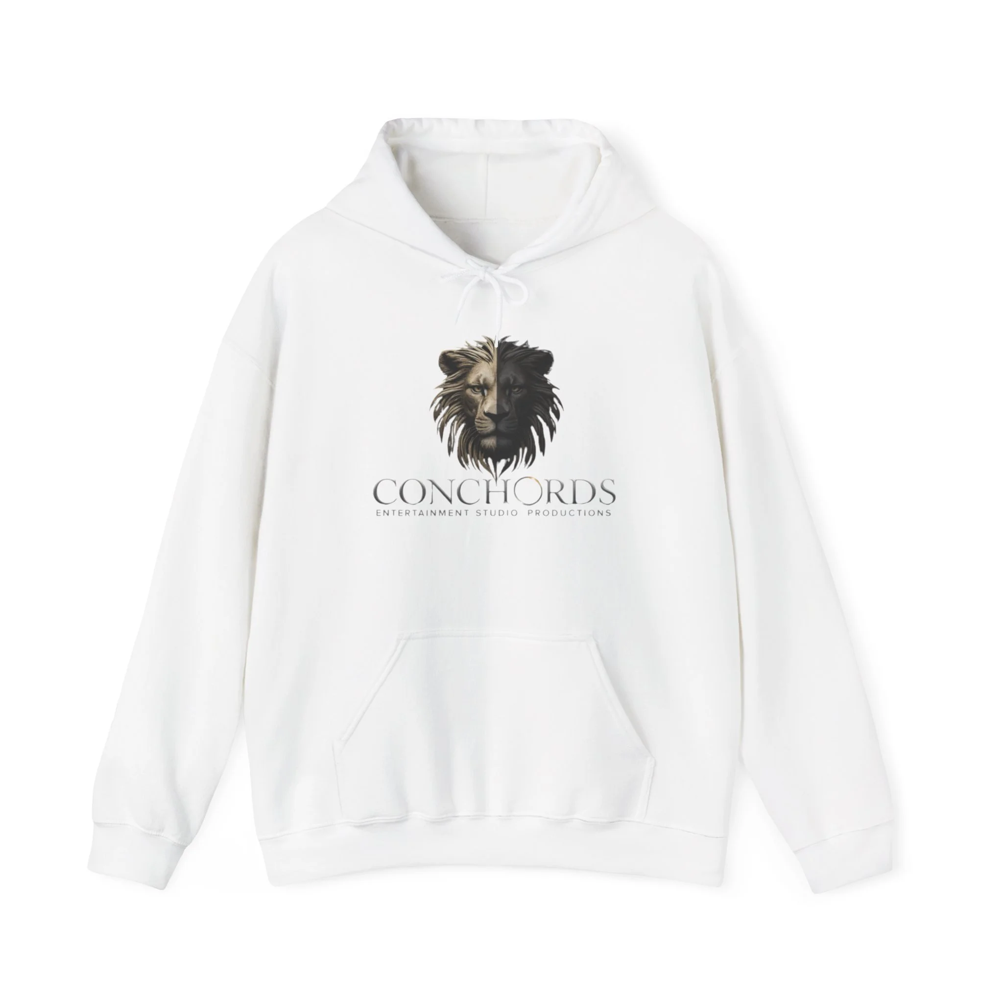 White hoodie with a lion's face logo and the text 'CONCHORDS ENTERTAINMENT STUDIO PRODUCTIONS' printed below the lion.