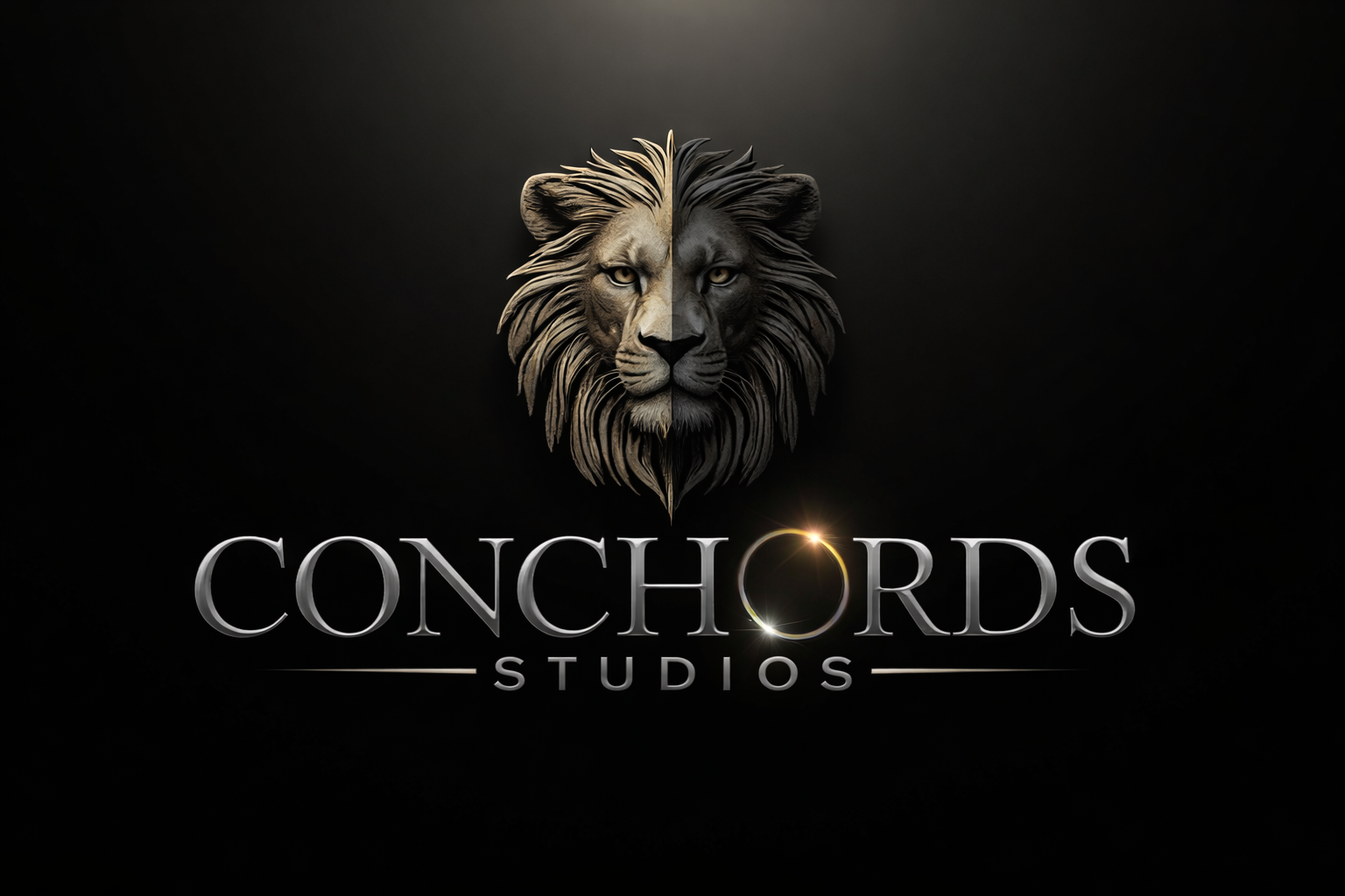 A black background with a half lion, half human face mask and the words 'Conchords Studios' in metallic font.